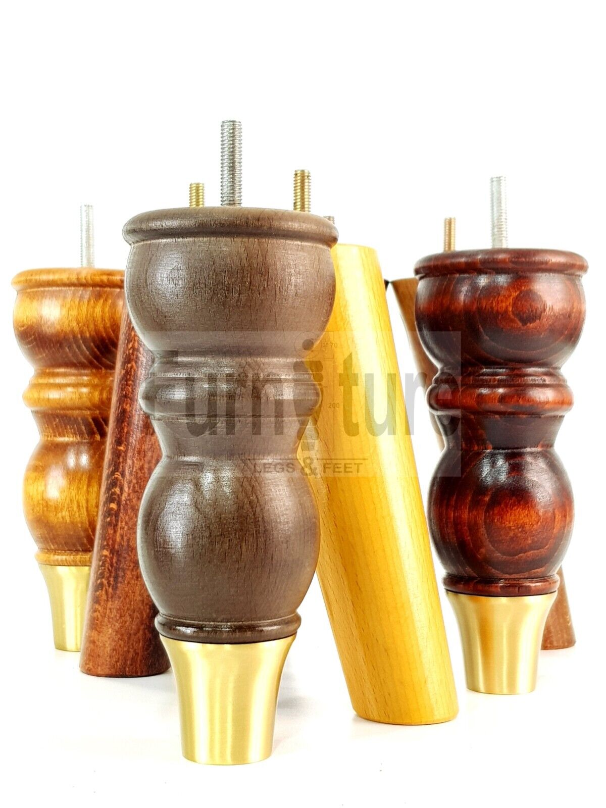 4x Wooden Furniture Feet 2x With Brass Slipper Cup 182mm High Legs M8 Sofas Chairs Settees Cabinets