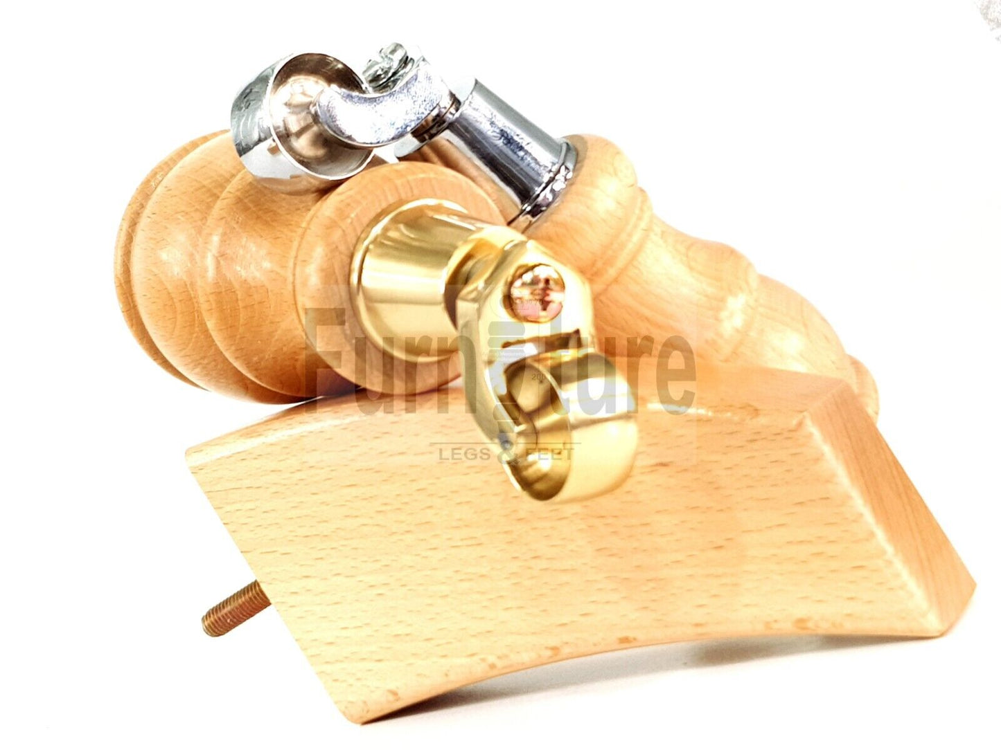 2 Wooden Castor Furniture Sofa Legs & 2 Curved Back Feet  Natural M8 Chair Settee Feet 160mm High