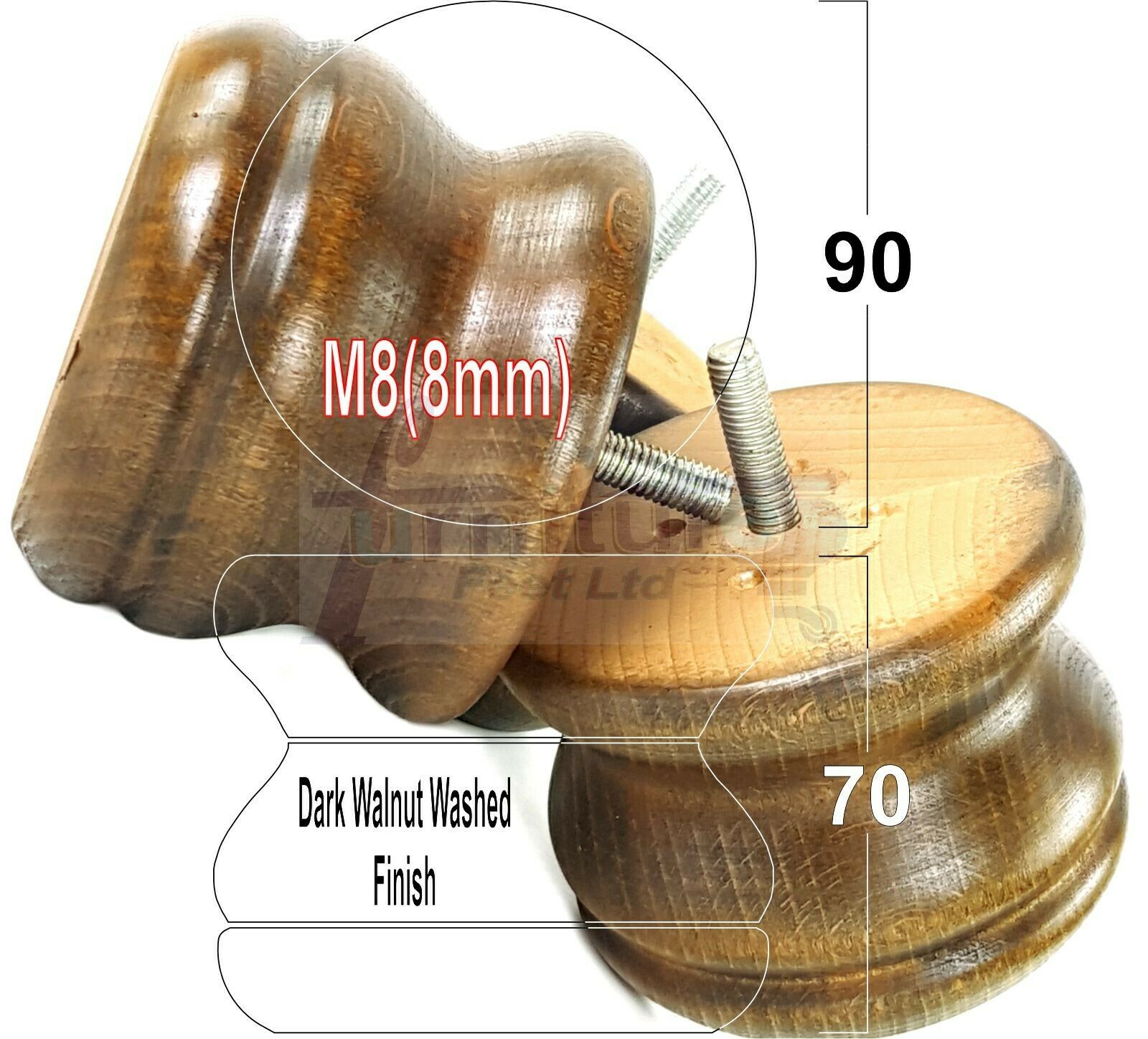 4x Turned Solid Wood Furniture Legs Replacement Bun Feet 70mm High 8mm Thread