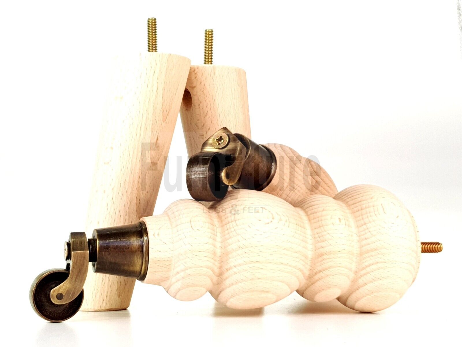 4x Turned Solid Wood Furniture Legs Replacement Feet 250mm High 8mm Thread
