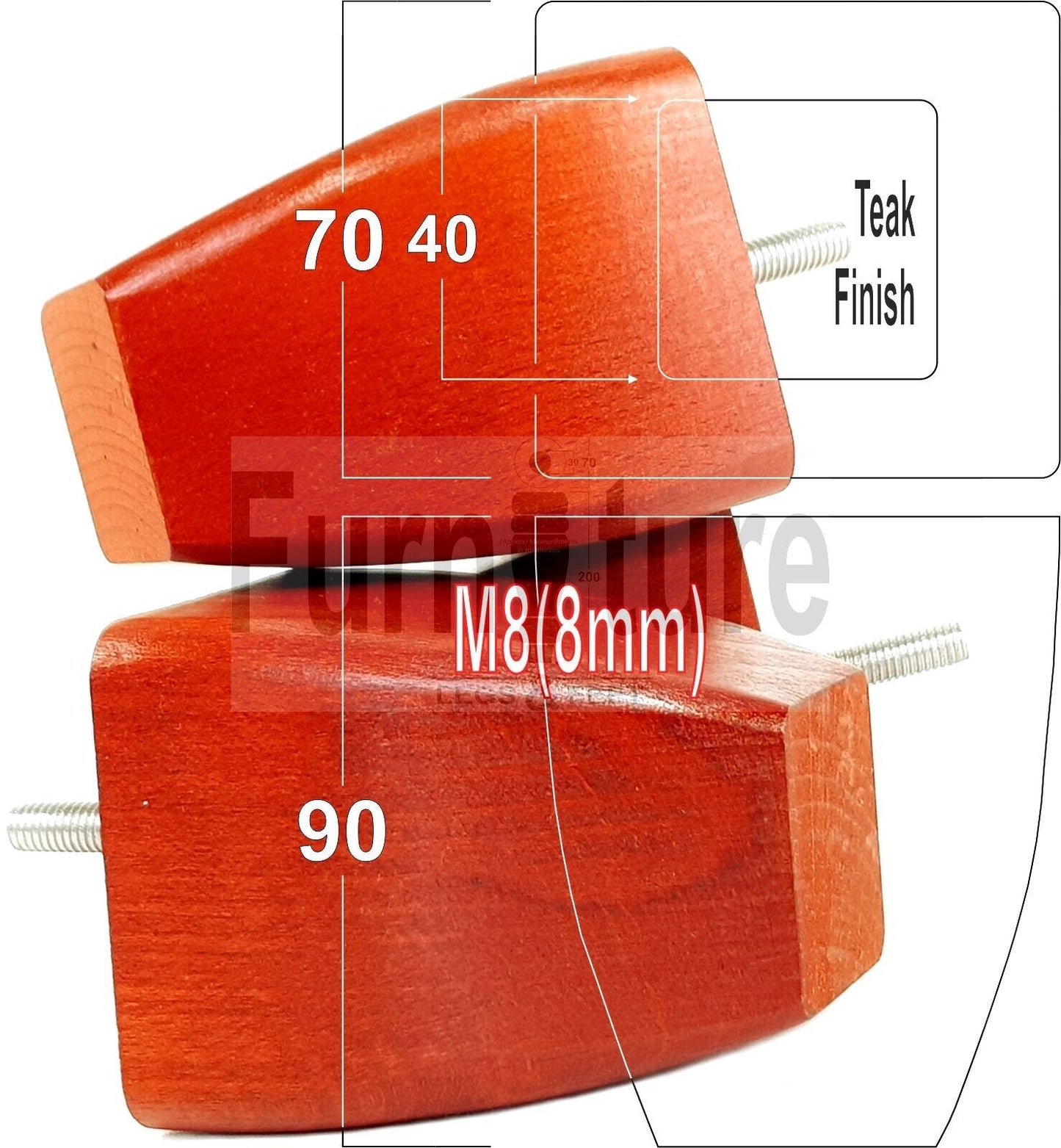 Set Of 4 Solid Wooden Block Furniture Feet Replacement Legs 90mm High M8(8mm)