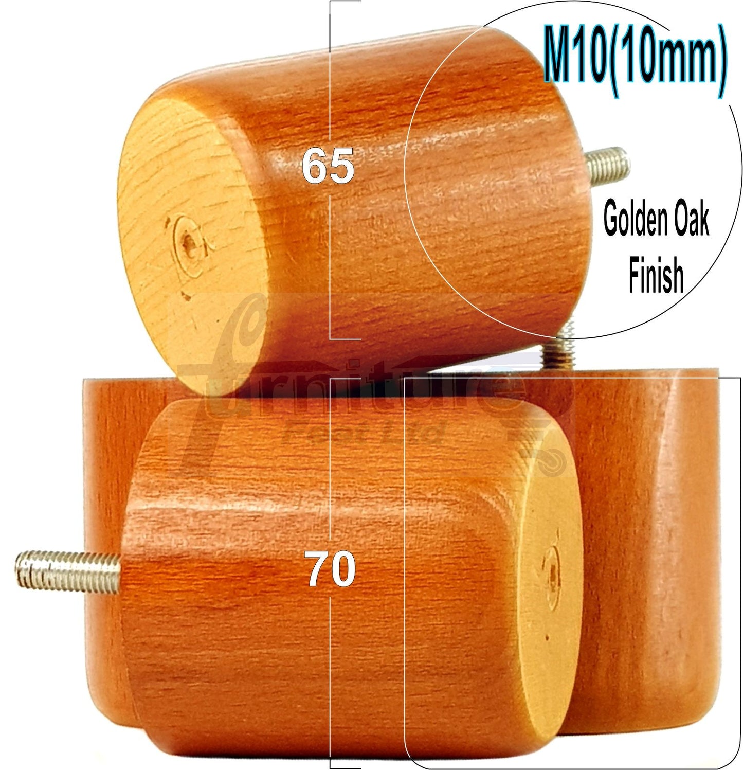 4x Solid Wood Turned Furniture Legs Replacement Bun Feet 70mm High 10mm Thread