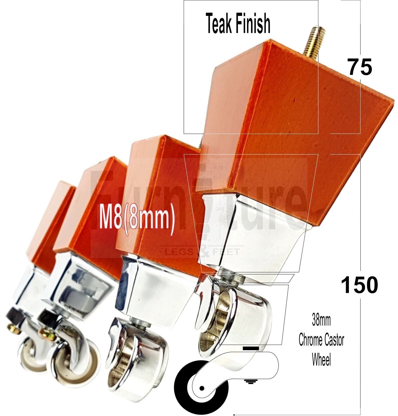 4x Block Wood Furniture Legs With Chrome Castors For Sofa Chairs Settees 8mm Thread 150mm High