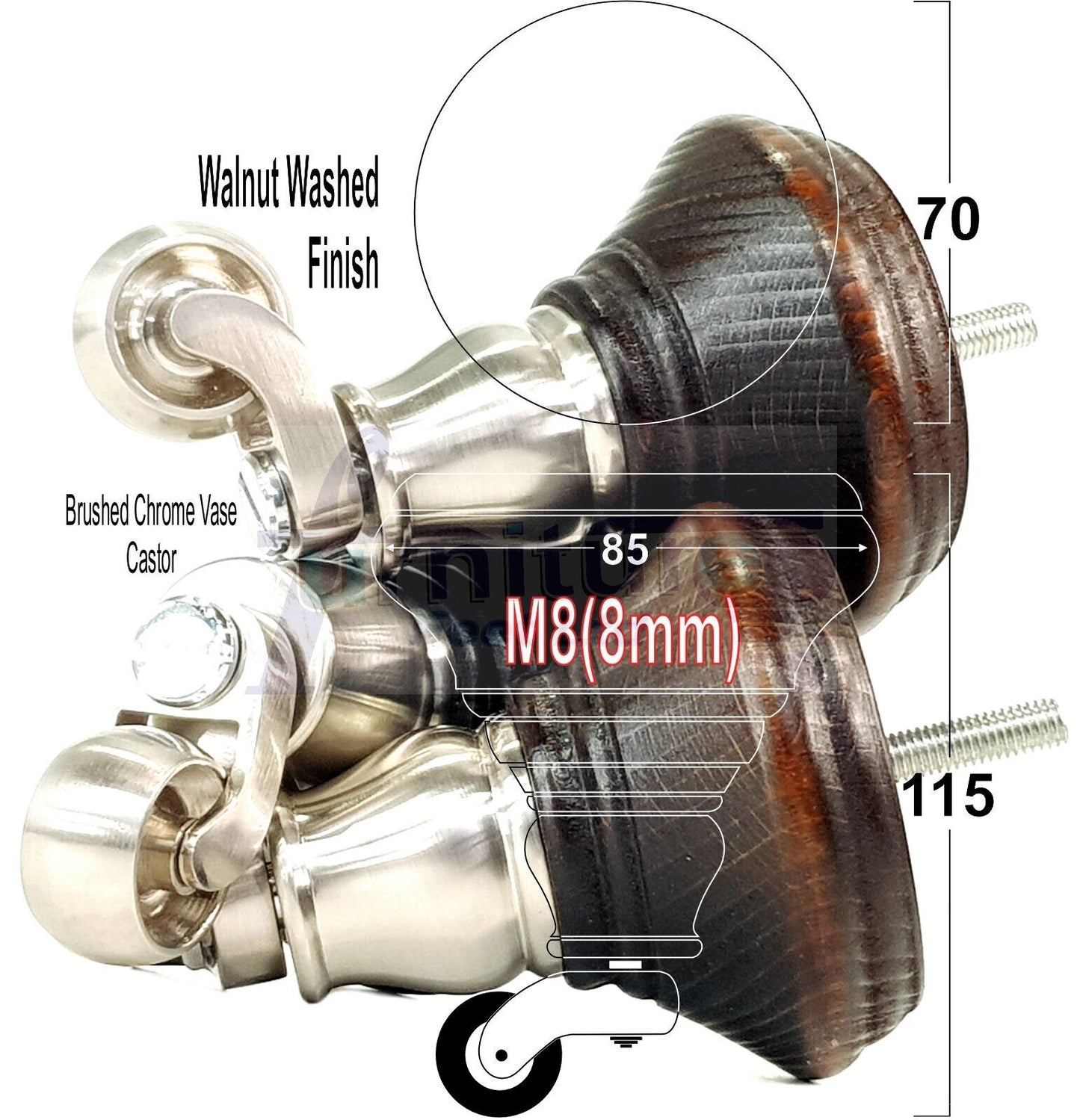 4x Dark Walnut Washed Wooden Furniture Sofa Legs M8 With Castors Replacement Chair Settee Feet 115mm - 125mm High