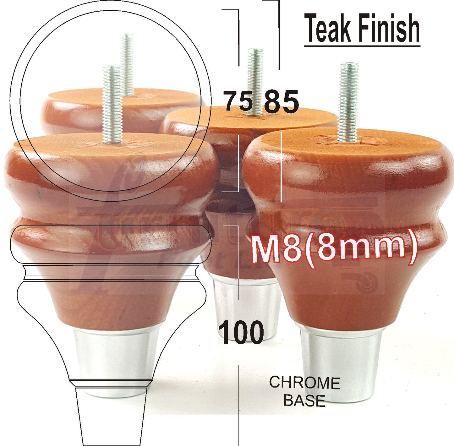 4x Turned Wood Furniture Feet M8(8mm) With A Chrome Slipper Cup Chair Sofa Settee Legs 100mm