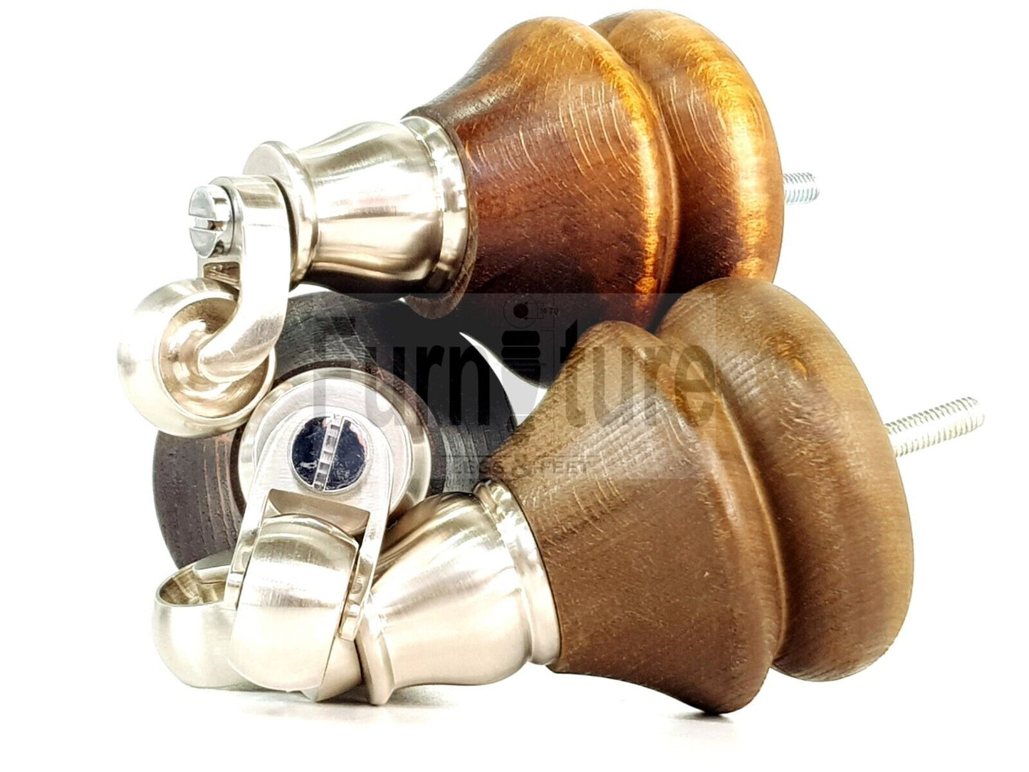 Set Of 4 Turned Furniture Wood Feet With Brushed Castors 140mm Sofas Chairs Settee Cabinets Beds M8(8mm)