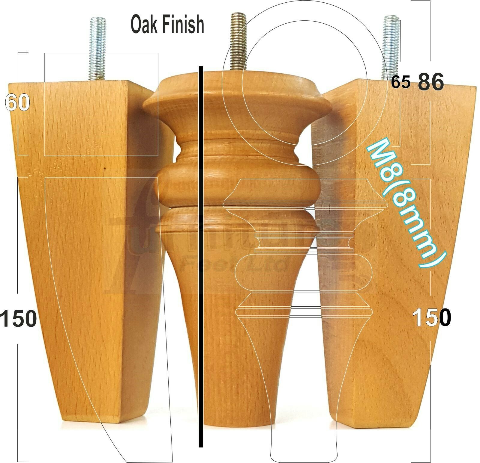 2x Turned & 2x Curved Back Wooden Feet Replacement Furniture Legs 150mm M8(8mm)