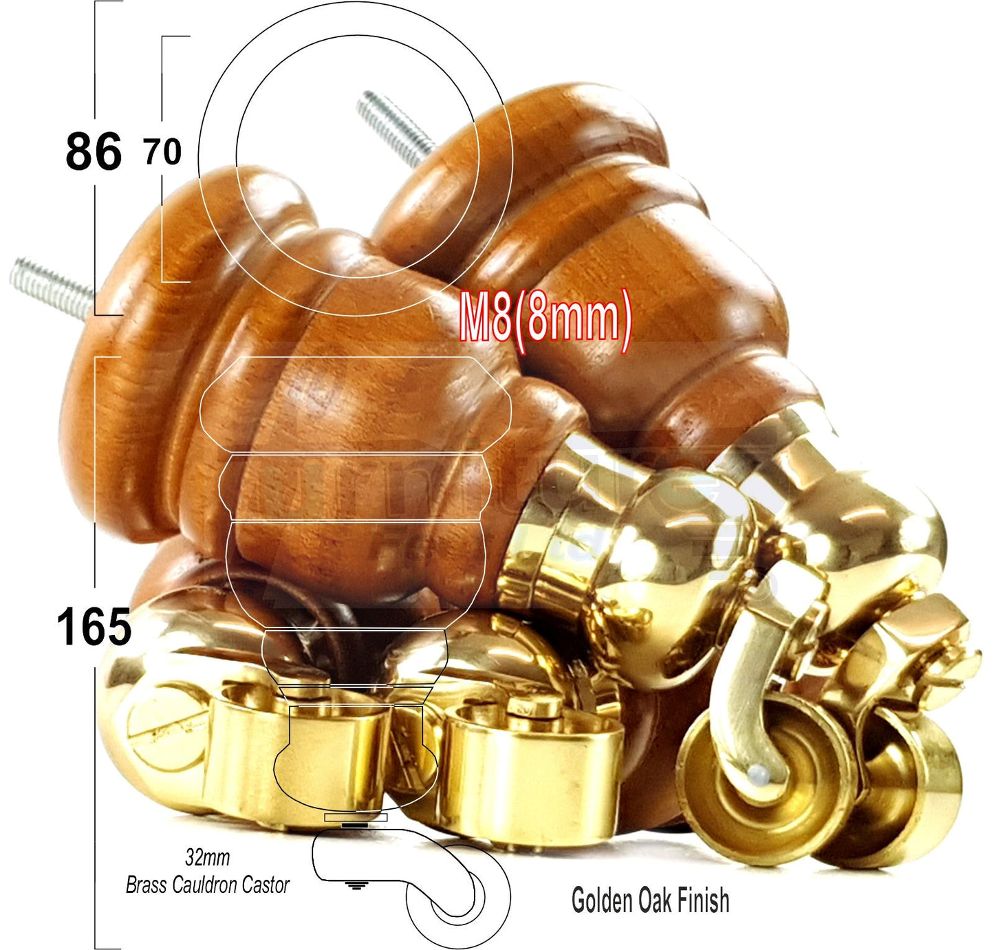 4 Turned Wood Furniture Feet With Brass Cauldron Castors 160mm Legs Sofas Chairs Stools Cabinets Beds M8 6 Inches