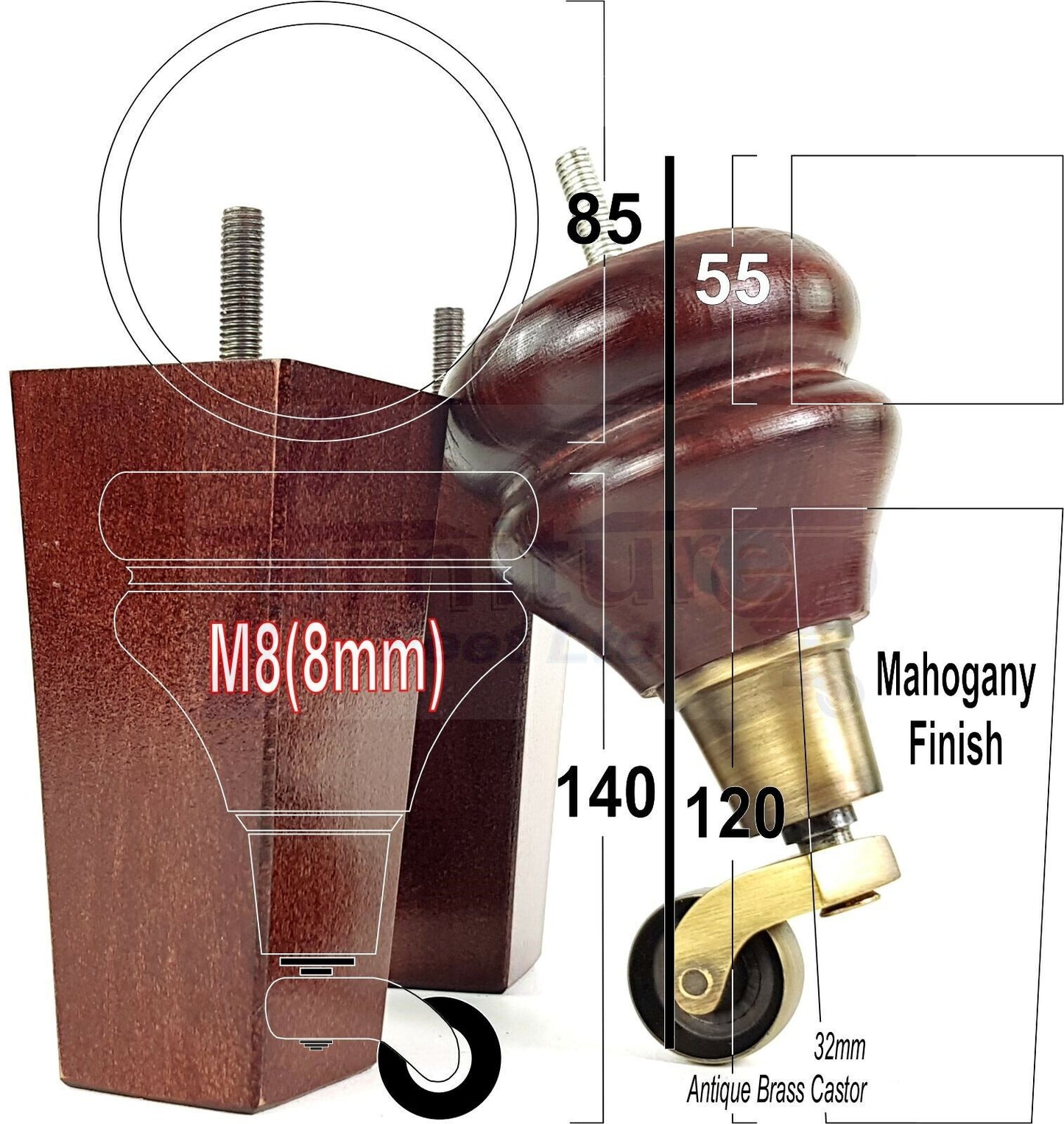 Turned Wood Furniture Feet 2 With Castors 140mm & 2 Curved Back Legs Sofas Chairs Cabinets Beds M8