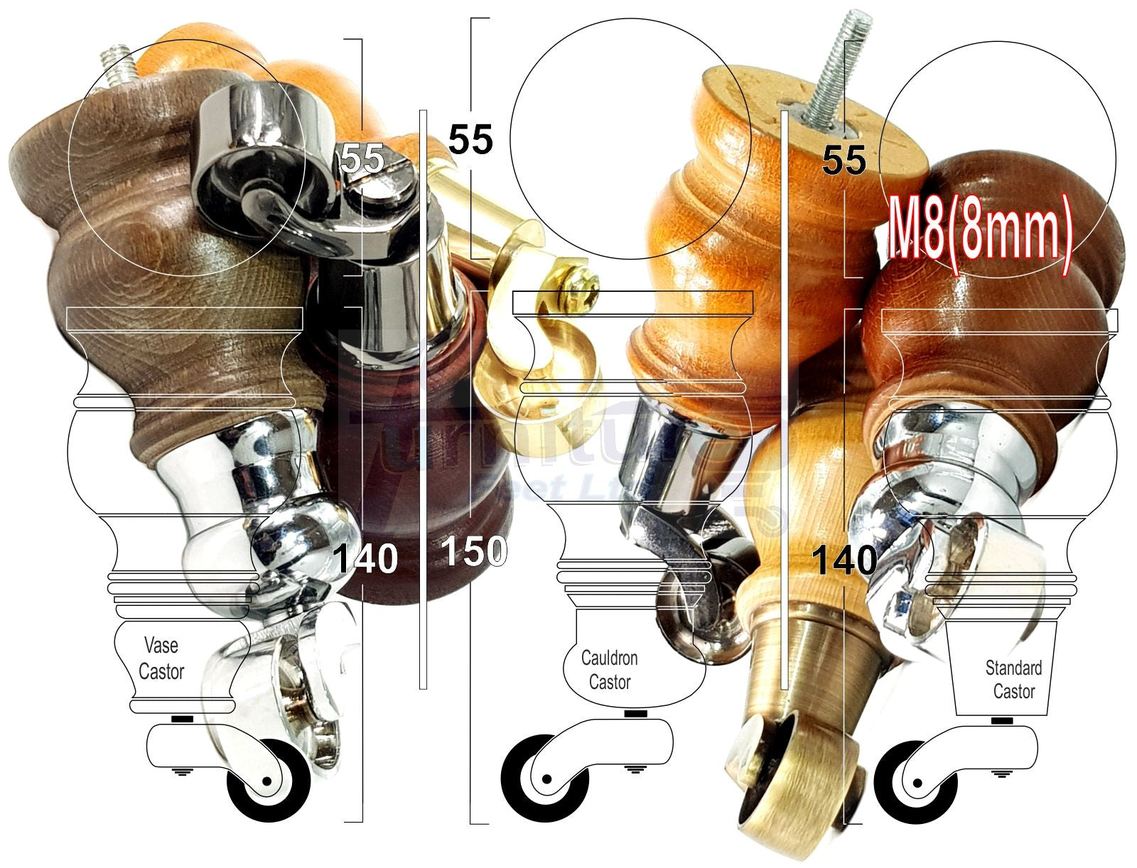 Set Of 4 Turned Wood Furniture Legs With140mm High Castor 8mm Thread For Chairs Settees & Cabinets