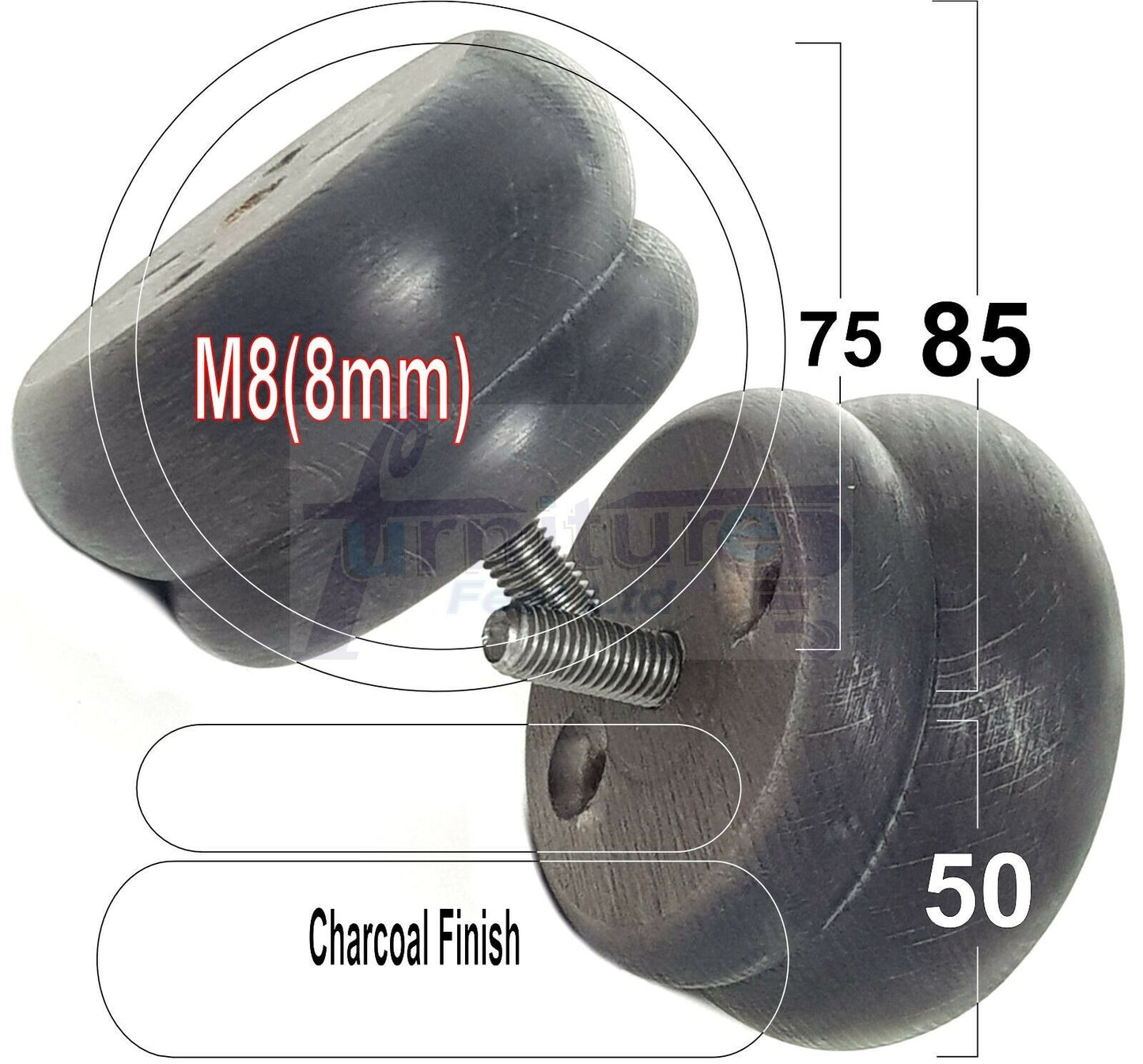 Set Of 4 Turned Wooden Furniture Legs Replacement Bun Feet 50mm High 8mm Thread