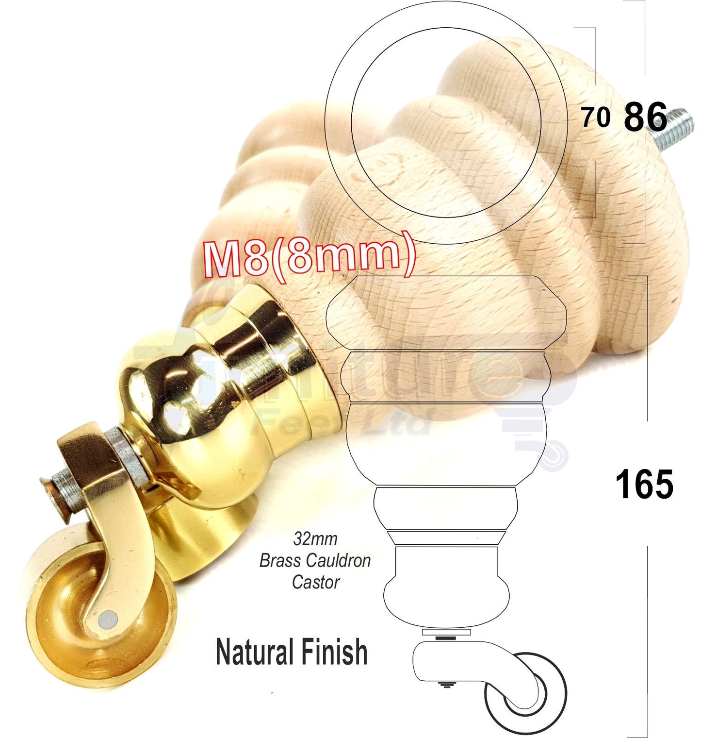 4 Turned Wood Furniture Feet With Brass Cauldron Castors 160mm Legs Sofas Chairs Stools Cabinets Beds M8 6 Inches