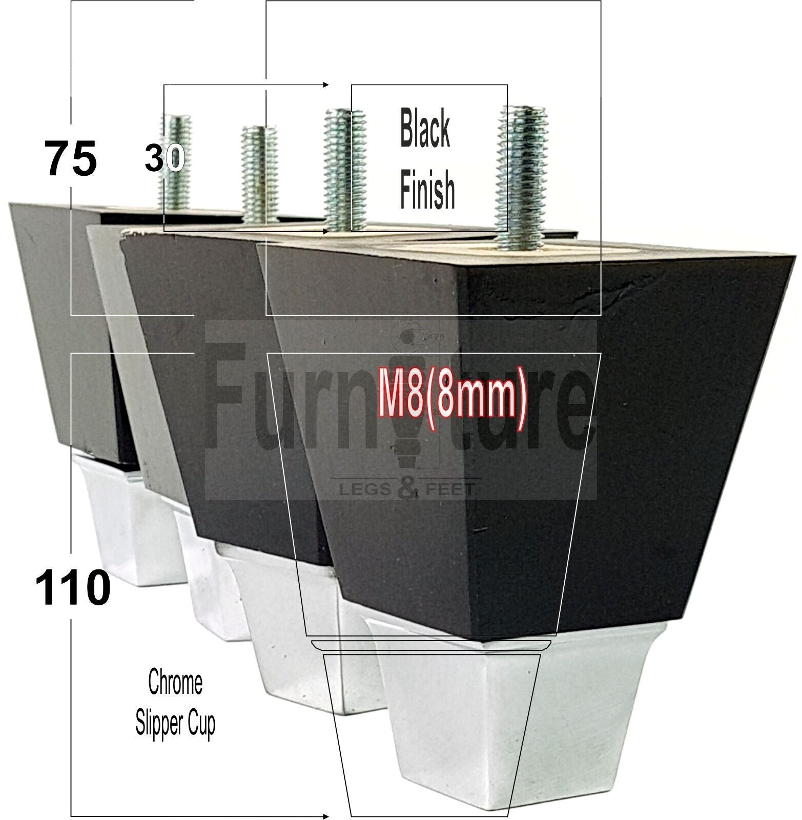 4x Block Wood With A Chrome Slipper Cup Furniture Chair Settee Legs M8 Sofa Feet 110mm