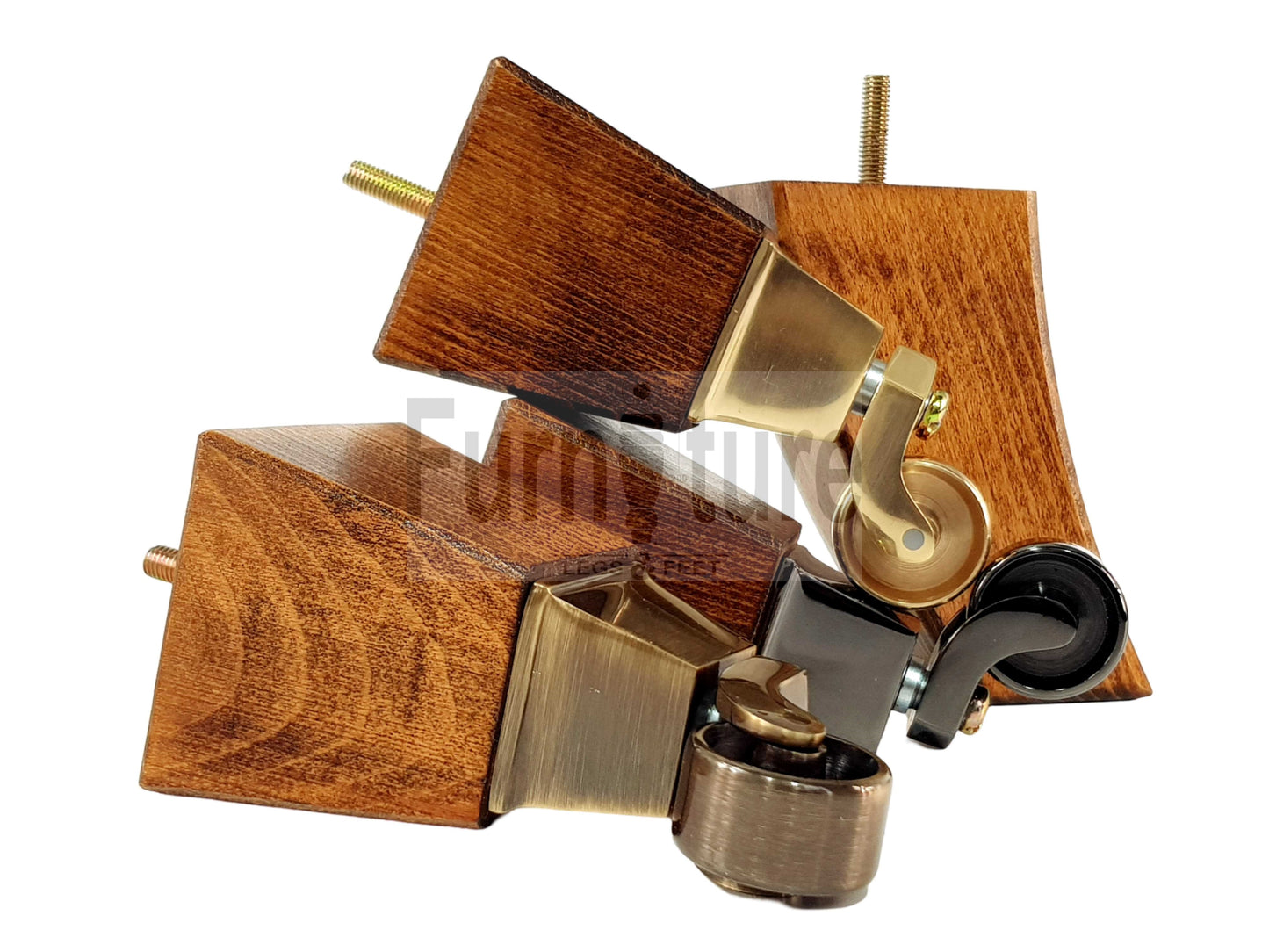 Set Of 4 Block Wood Furniture Feet With Antique Castor 8mm Thread For Chairs Settees Sofa 150mm High
