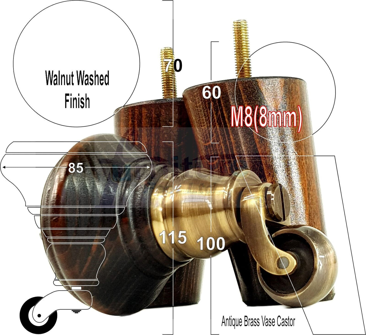 2 Dark Walnut Washed Wood Furniture Sofa Legs With Castor 125mm & 2 Angled Back Feet Chair Settee 100mm High M8