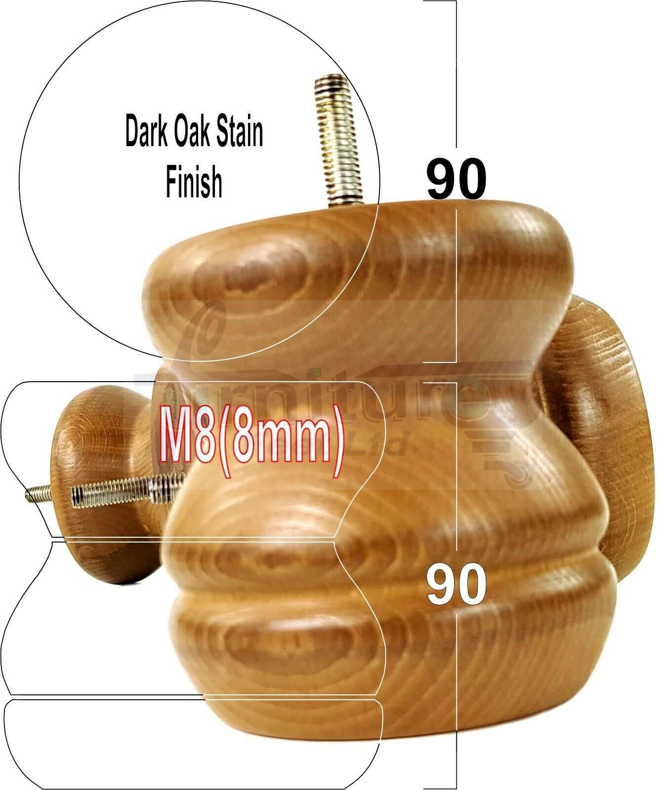 4x Turned Solid Wood Furniture Legs Replacement Bun Feet 90mm High 8mm Thread