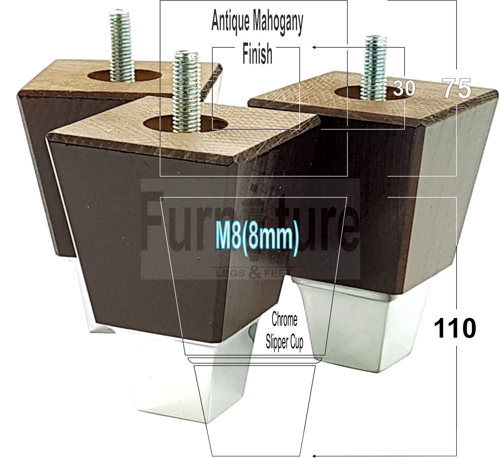 4x Block Wood With A Chrome Slipper Cup Furniture Chair Settee Legs M8 Sofa Feet 110mm