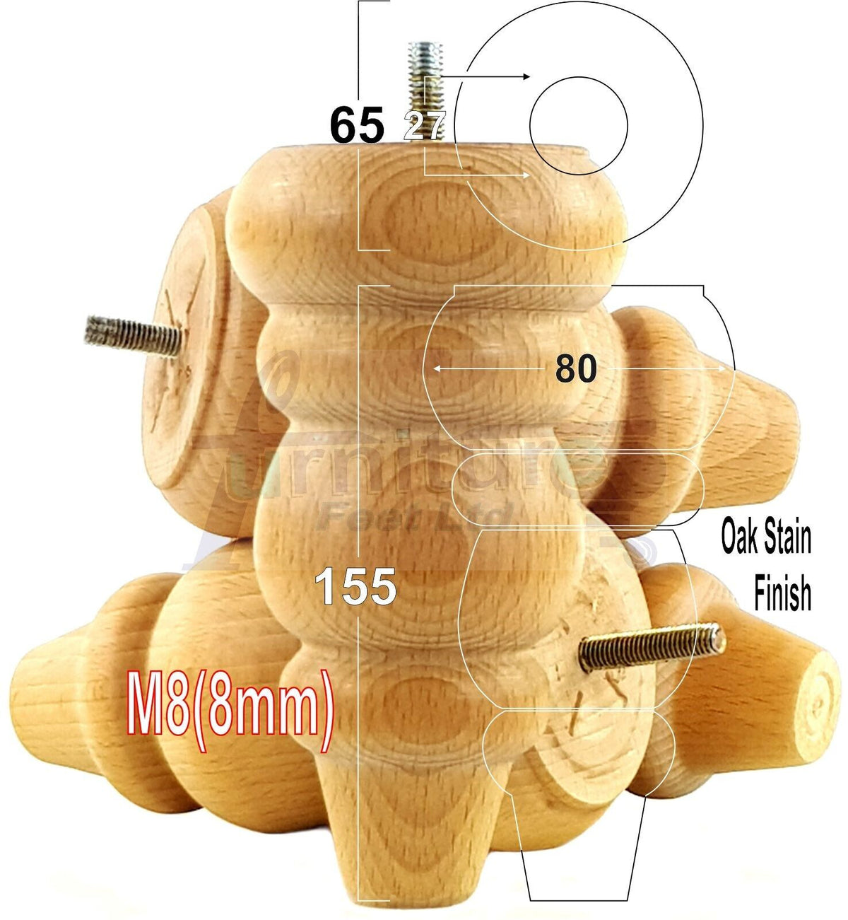 4 Solid Wood Turned Furniture Legs Round Repalcement Chair, Settee Feet 155mm 8mm Thread