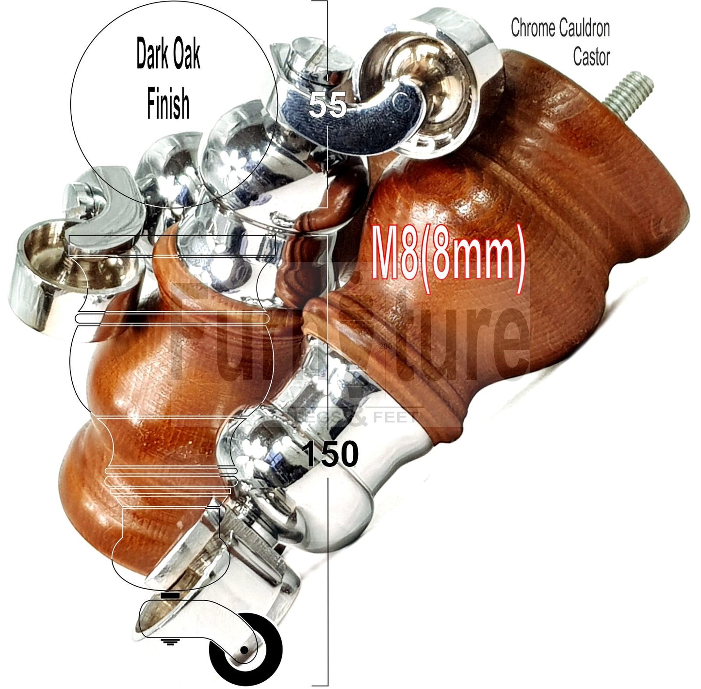 Set Of 4 Turned Wood Furniture Legs With 150mm High Castor 8mm Thread For Chairs Settees & Cabinets Dark Oak Finish