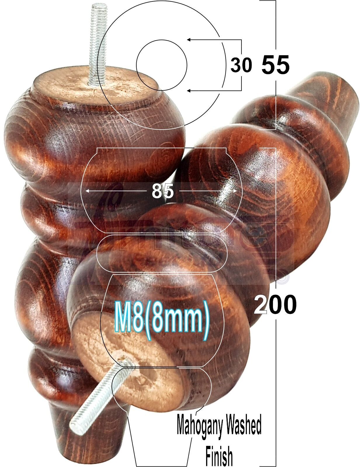 Solid Wood Furniture Feet Replacement Turned Legs 200mm High Chairs Stools Sofa's Beds Settee Cabinets M8 Various Colours Set of 4