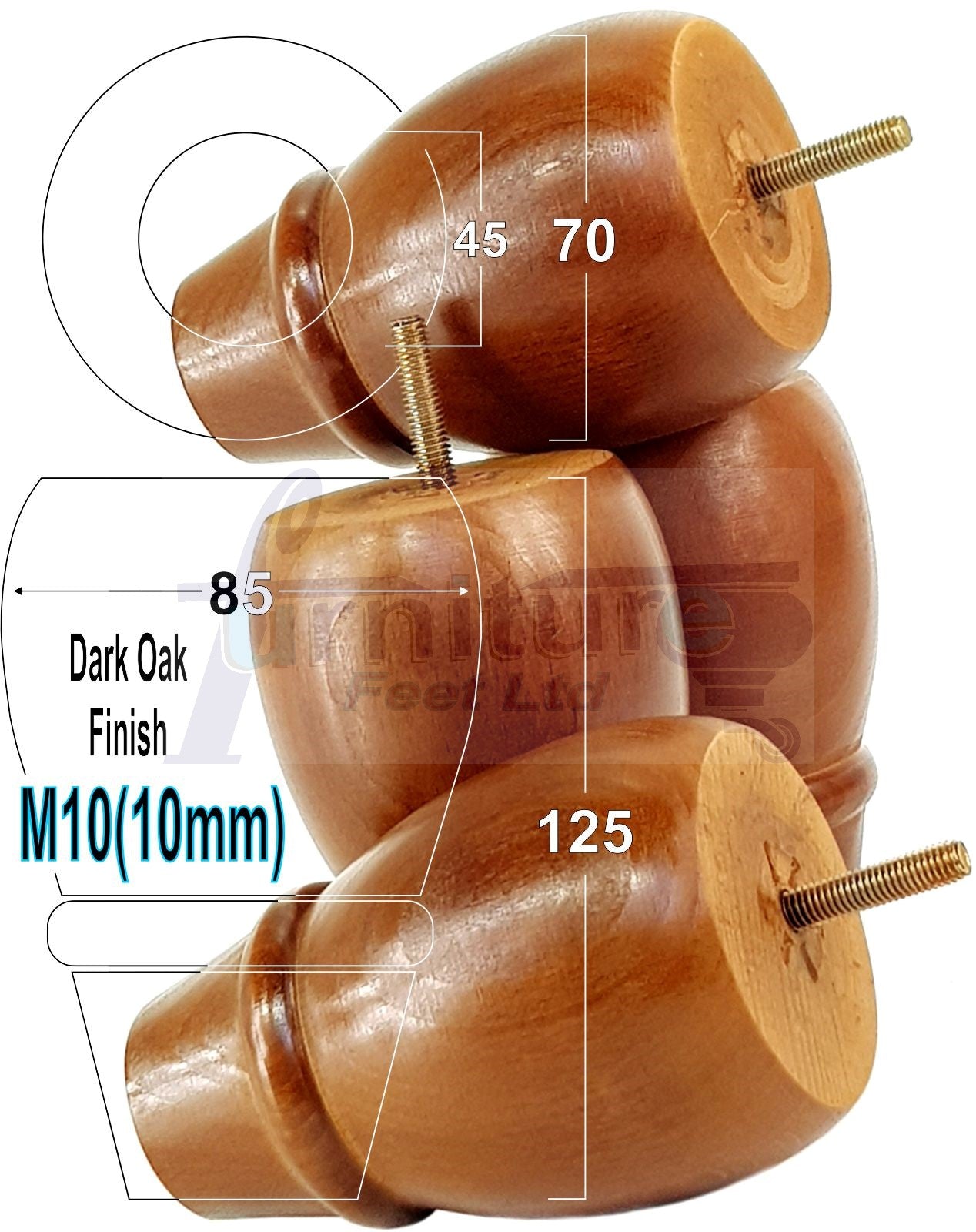 4x Wooden Turned Replacement Furniture Legs 125mm High Settee and Cabinet Feet 10mm Thread