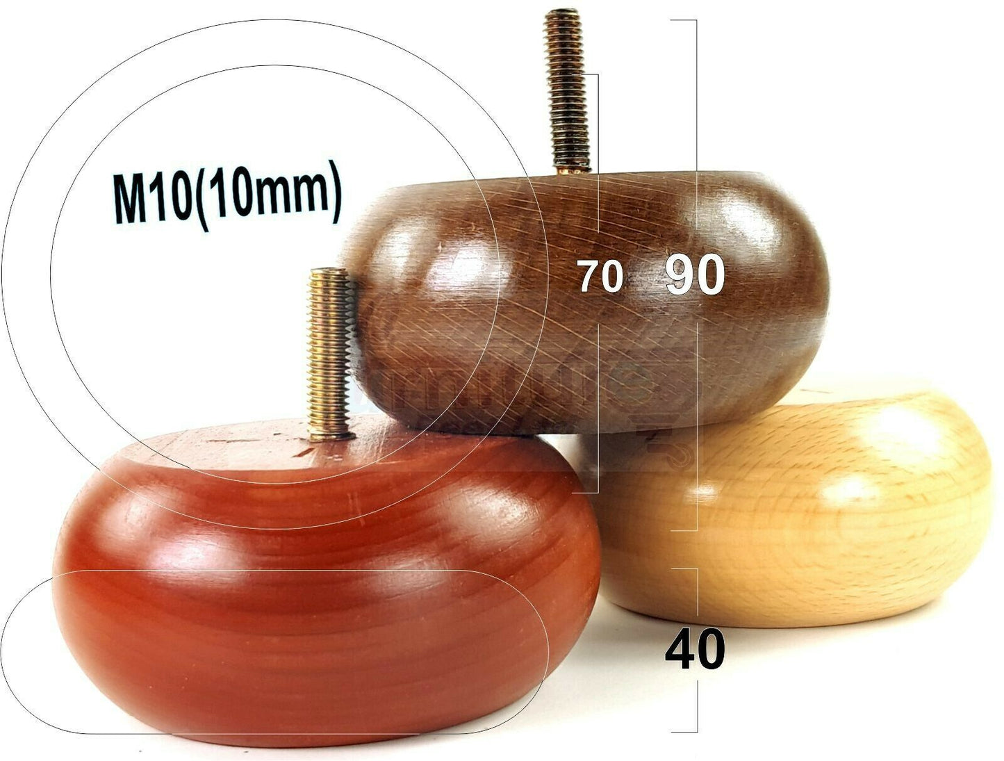 4 Solid Wood Bun Feet Replacement Furniture Legs 40mm High For Chairs Sofa's Beds Settee M10 Thread