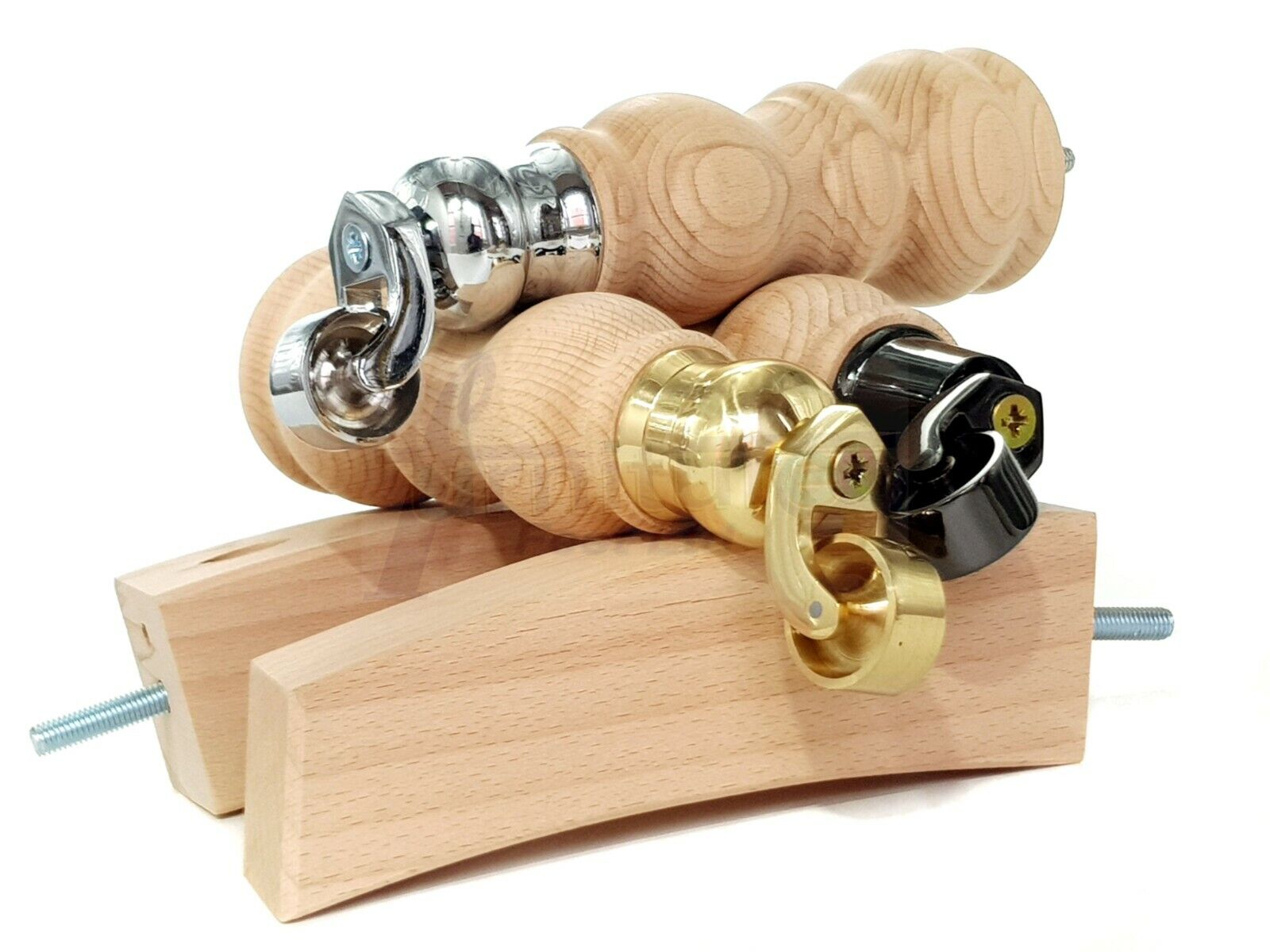 2x Wood Furniture Castor Settee Feet & 2x Curved Legs 8mm Thread 205mm High Raw (Un-Varnished) For Sofas Chairs Stools Cabinets & Beds