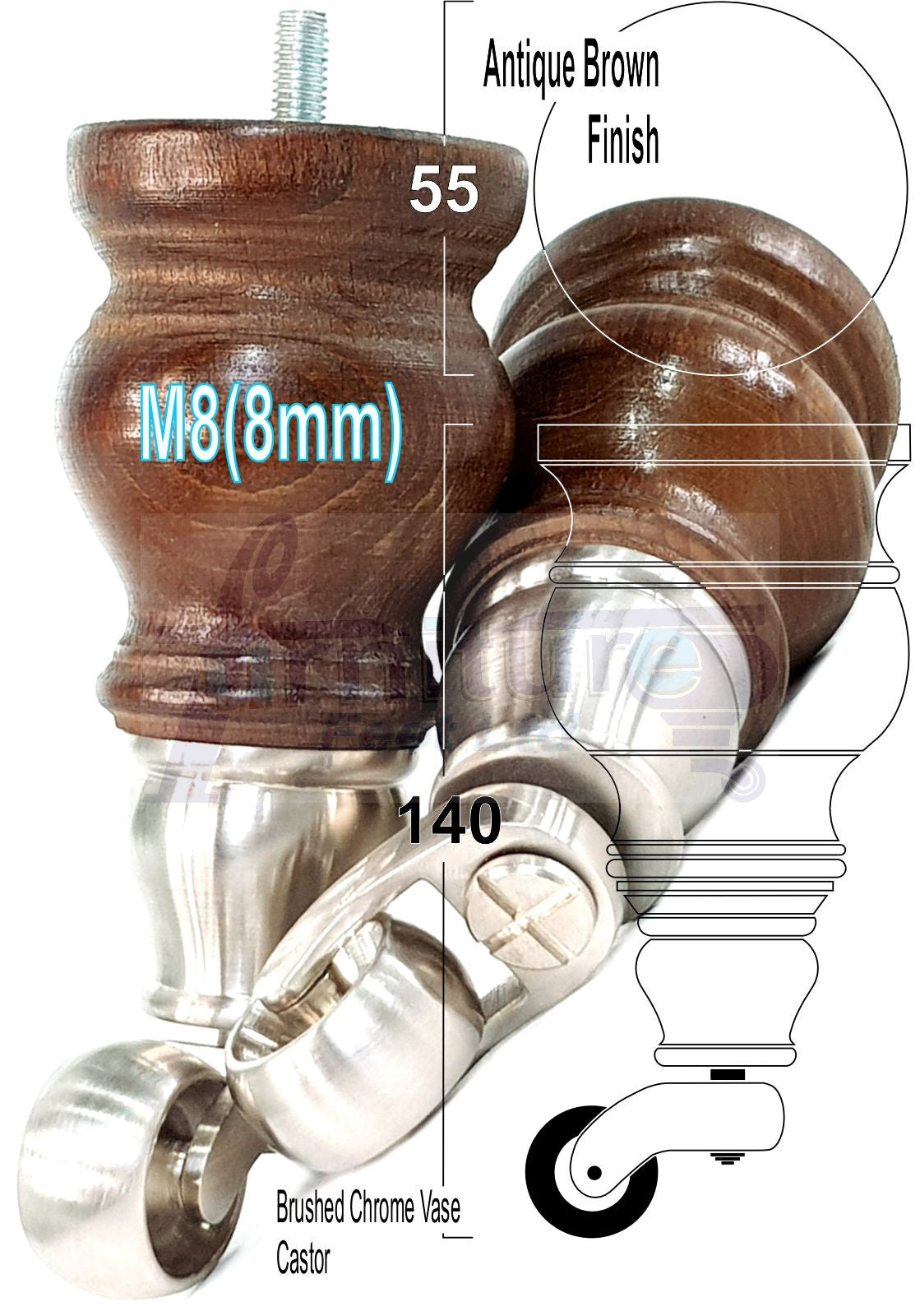Set Of 4 Turned Wood Furniture Legs With Brushed Chrome Castor 140mm High M8(8mm) For Chairs Settees & Cabinets