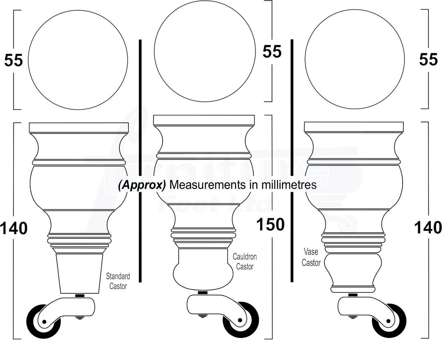 Set Of 4 Turned Wood Furniture Legs With Brass Castor 140mm High M8(8mm) For Chairs Settees & Cabinets