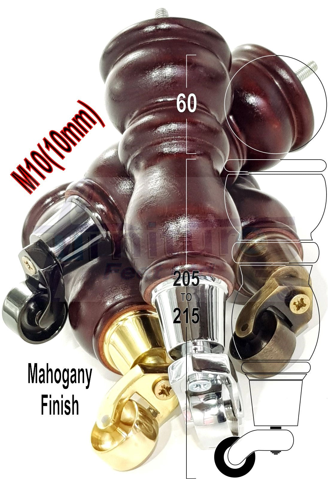 Solid Wood Furniture Feet With Castors Set of 4 Legs 205mm High For Sofas Chairs & Beds M10 Thread