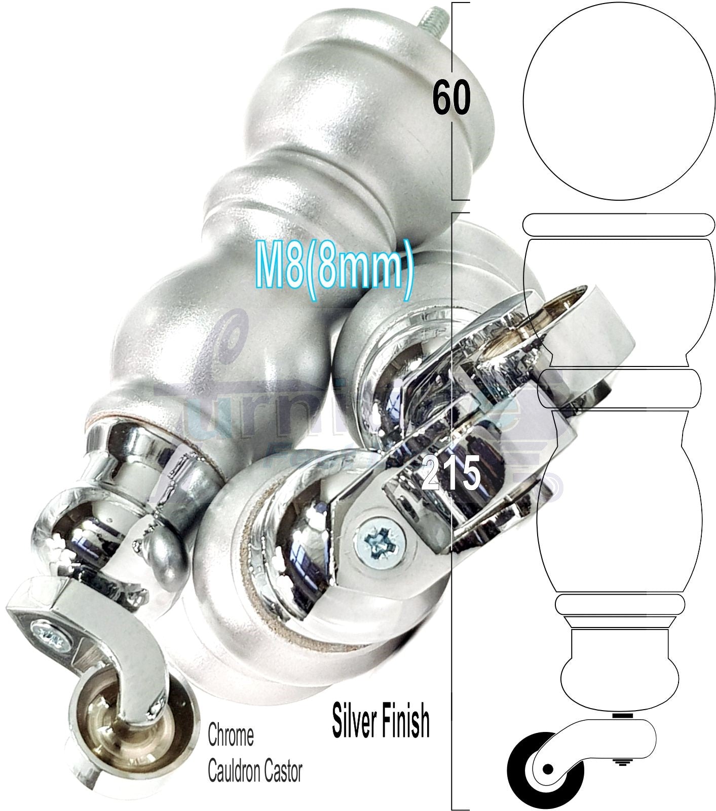 4x Furniture Feet With Castor 205mm High Legs Silver Wood M8 Sofas Chairs Stools Cabinets 8 Inches Tall