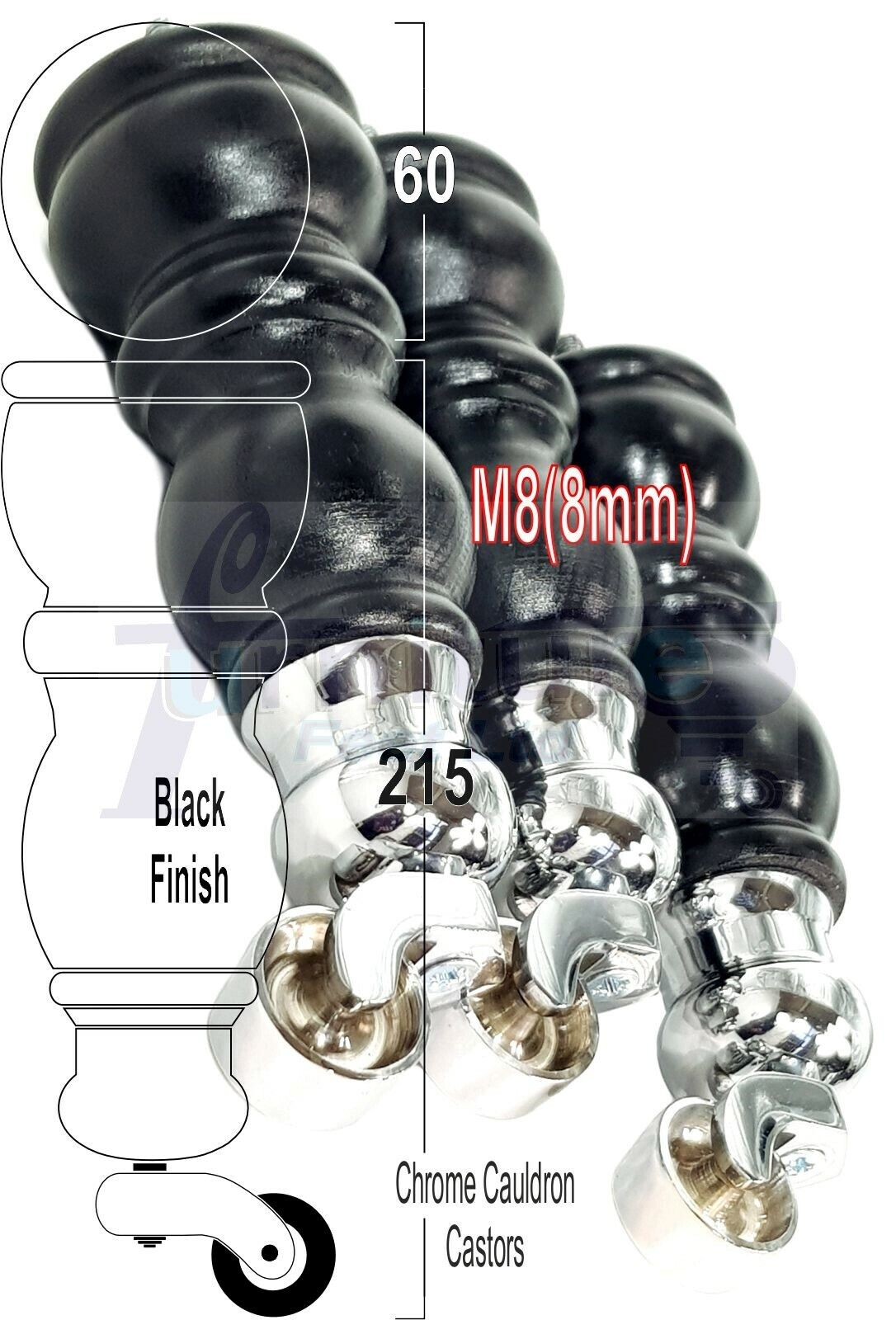 4x Furniture Feet With Castor 205mm High Legs Black Wood M8 Sofas Chairs Stools Cabinets 8 Inches Tall
