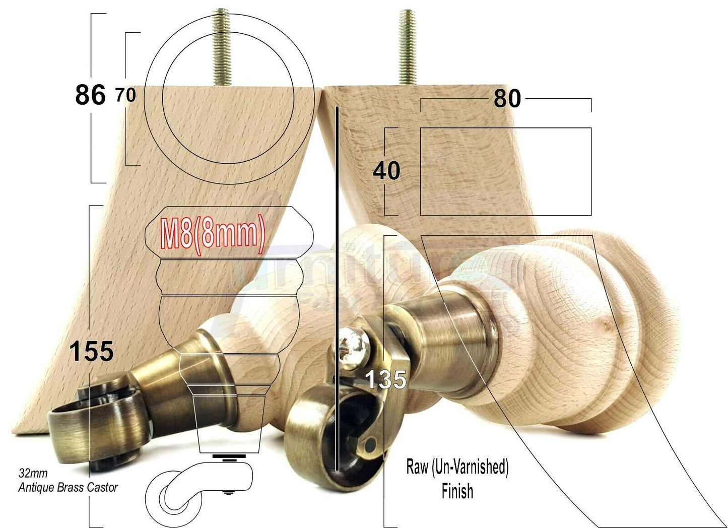 Turned Furniture Feet 2 With Castors 155mm and 2 Curved Back Legs Raw Wood for Sofas Chairs Stools Cabinets Beds M8 6 Inches