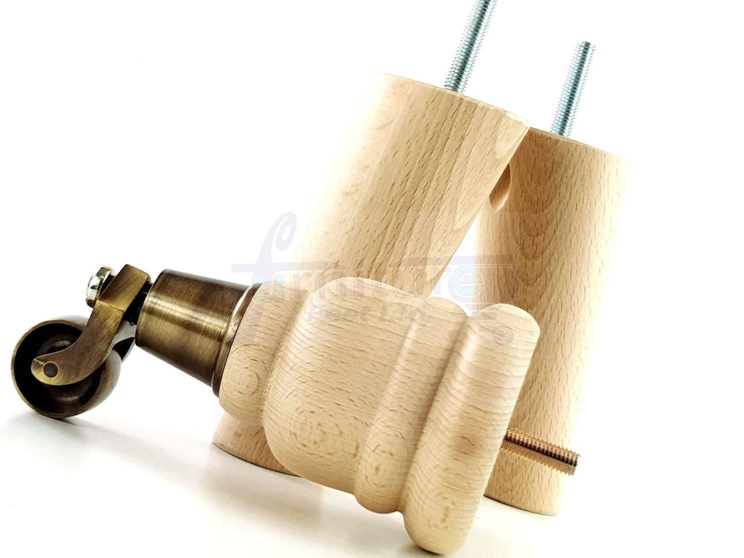 Raw Turned Wood Replacement Furniture Legs 2x with Antique Castors and 2x Angled Back Legs M8 Dowl Fitting 155mm High 6 Inches