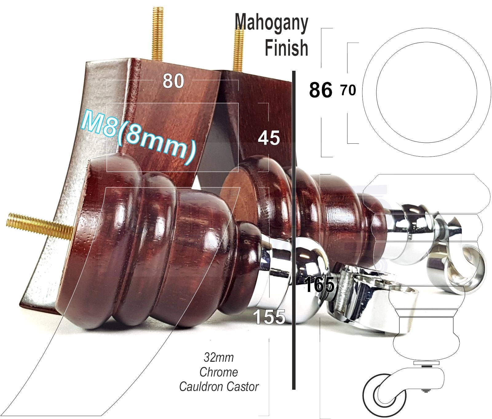 Mahogany Turned Wood Furniture Feet 2 With Castors 155mm and 2 Curved Back Legs Sofas Chairs Stools Cabinets Beds M8 6 Inches