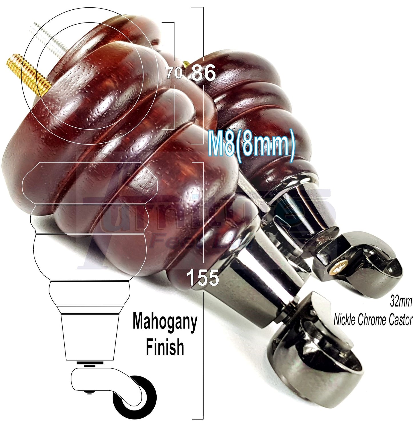 4 Turned Wood Furniture Feet With Black Chrome Castors 155mm Legs Sofas Chairs Stools Cabinets Beds M8 6 Inches