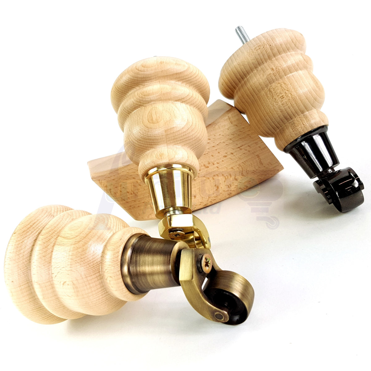 Turned Clear Wood Furniture Legs Replacement Feet 2 with Castors 155mm and 2 Curved Back Legs M8 6 Inches