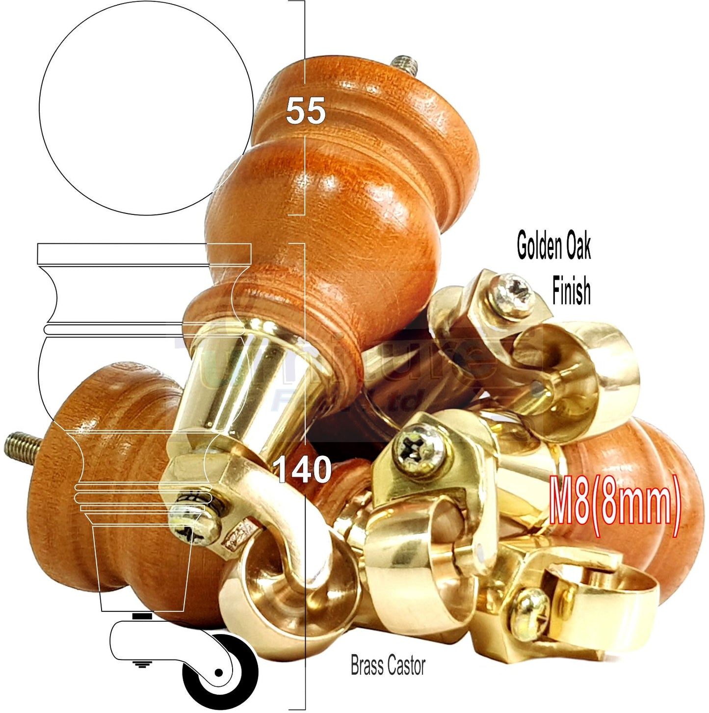 Set Of 4 Turned Wood Furniture Legs With 150mm High Castor 8mm Thread For Chairs Settees & Cabinets Golden Oak Finish