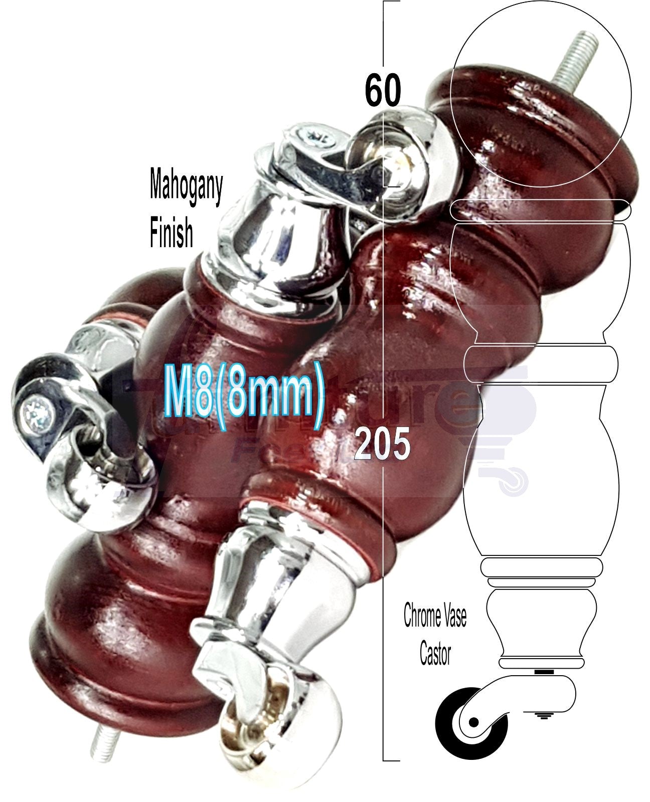 2x Solid Wood Turned Furniture Legs Replacement Castor Feet 205mm High Mahogany Chairs Stools Sofa Settee Cabinets M8