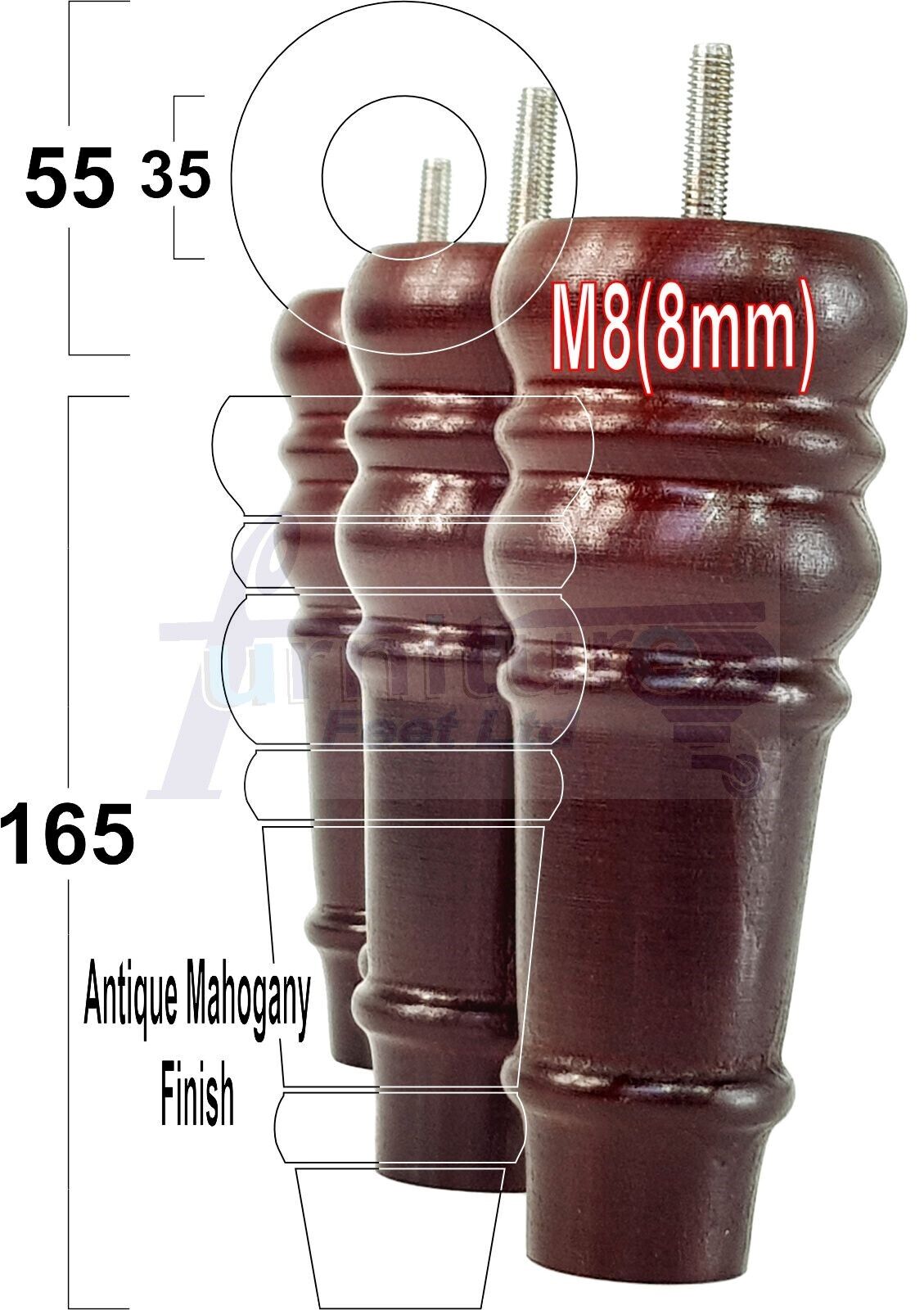 4 Wood Turned Furniture Legs Replacement Bun Feet 165mm High Multiple Colours 6.5 Inches Chairs Stools Sofa's Beds Settee Cabinets M8