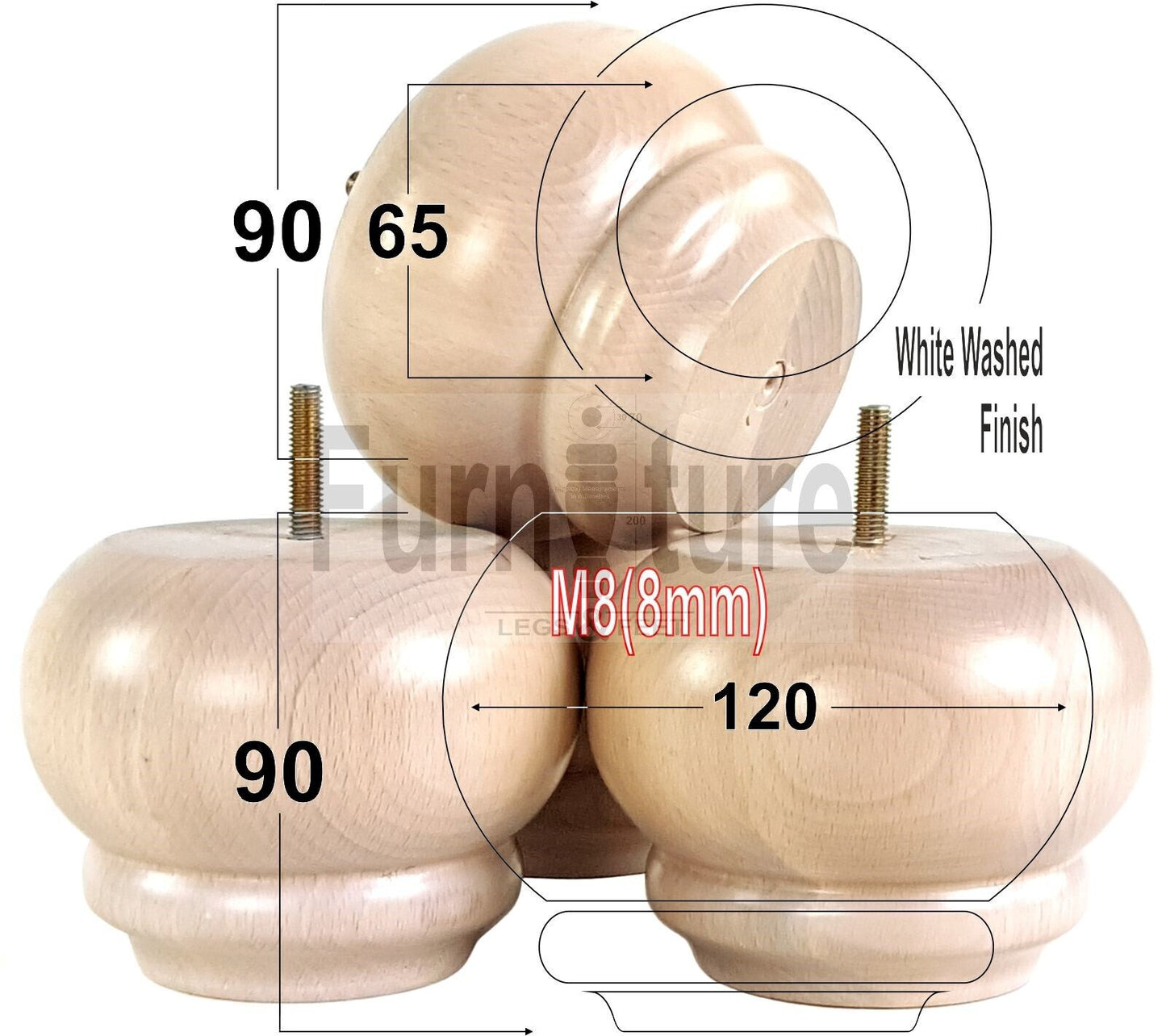 Set Of 4 Turned Wooden Furniture Legs Replacement Feet 90mm High 8mm Thread