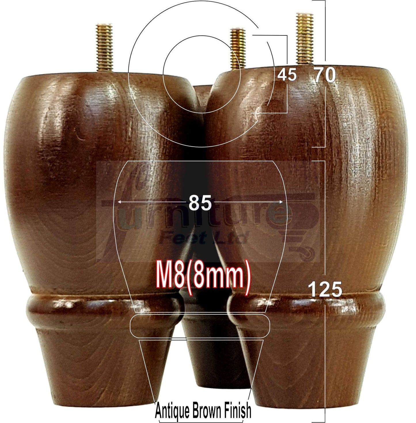 Set Of 4 Solid Wood Turned Replacement Furniture Legs 125mm High 8mm Thread