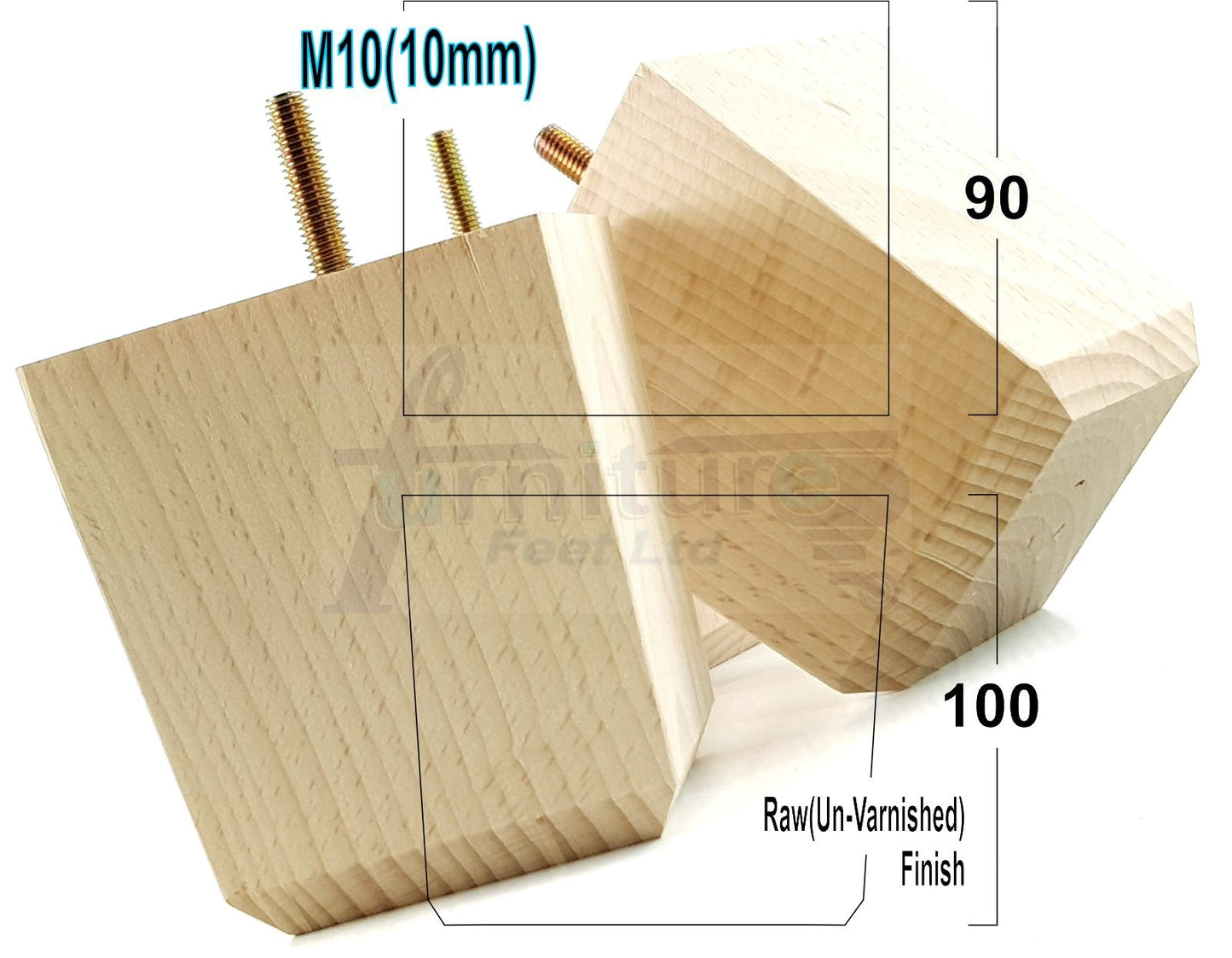 4x Solid Wood Square Furniture Legs Block Replacement Feet 100mm M10 Thread