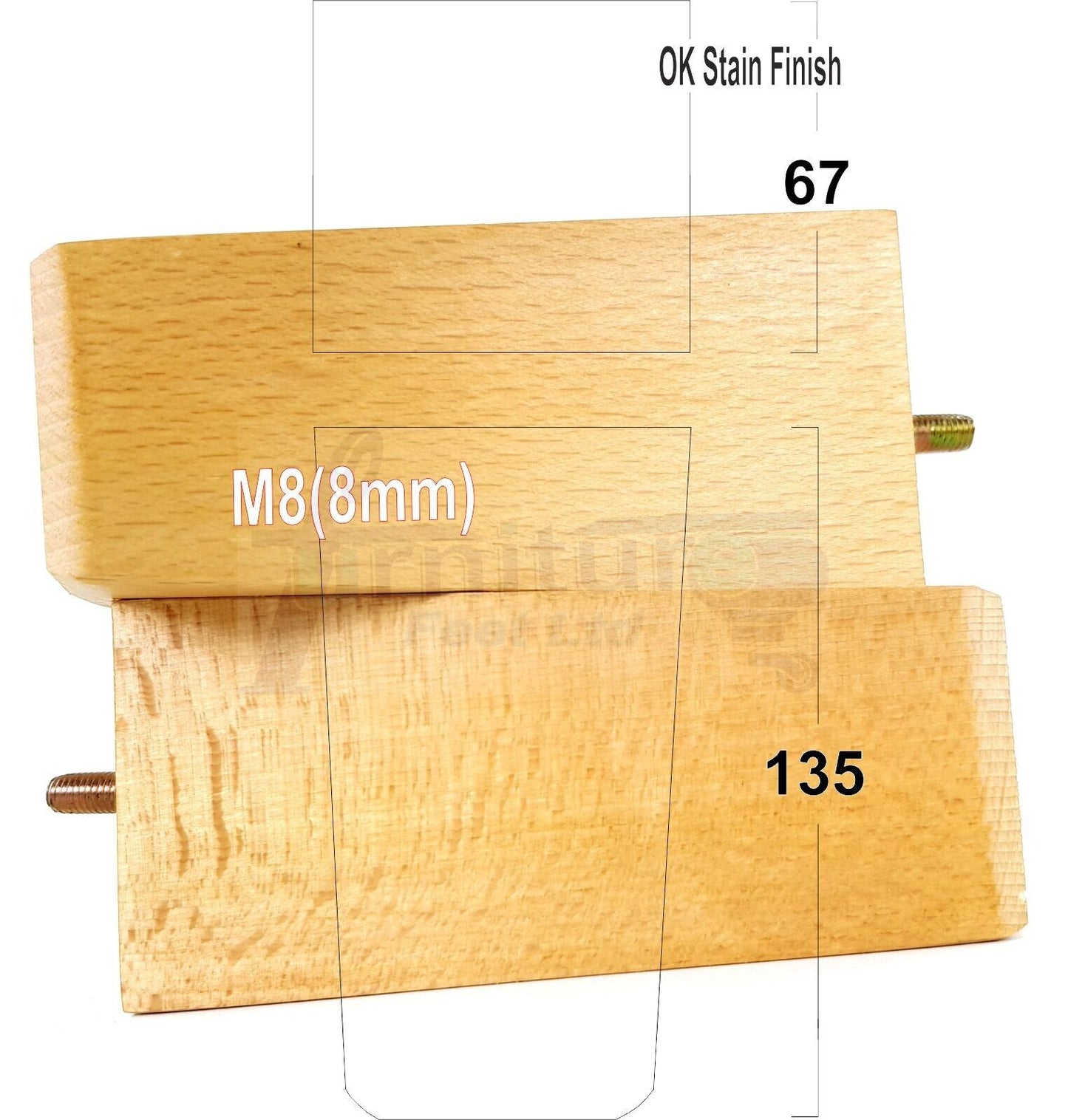 4x Block Wood Sofa Legs 135mm High Replacement Furniture Feet Chairs Cabinets M8(8mm)