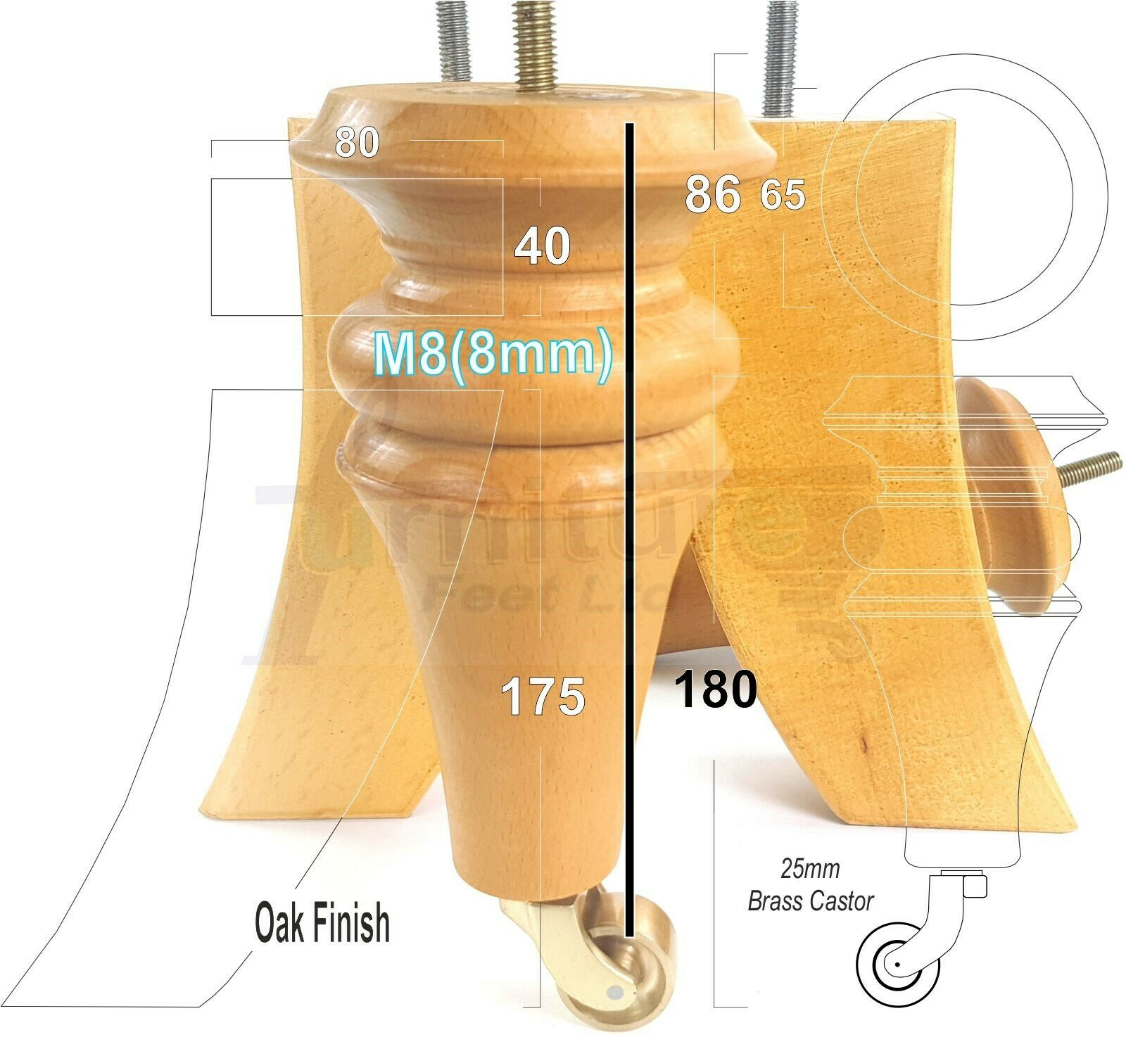 2x Turned & 2x Curved Back Wooden Feet Replacement Furniture Legs 180mm M8(8mm)