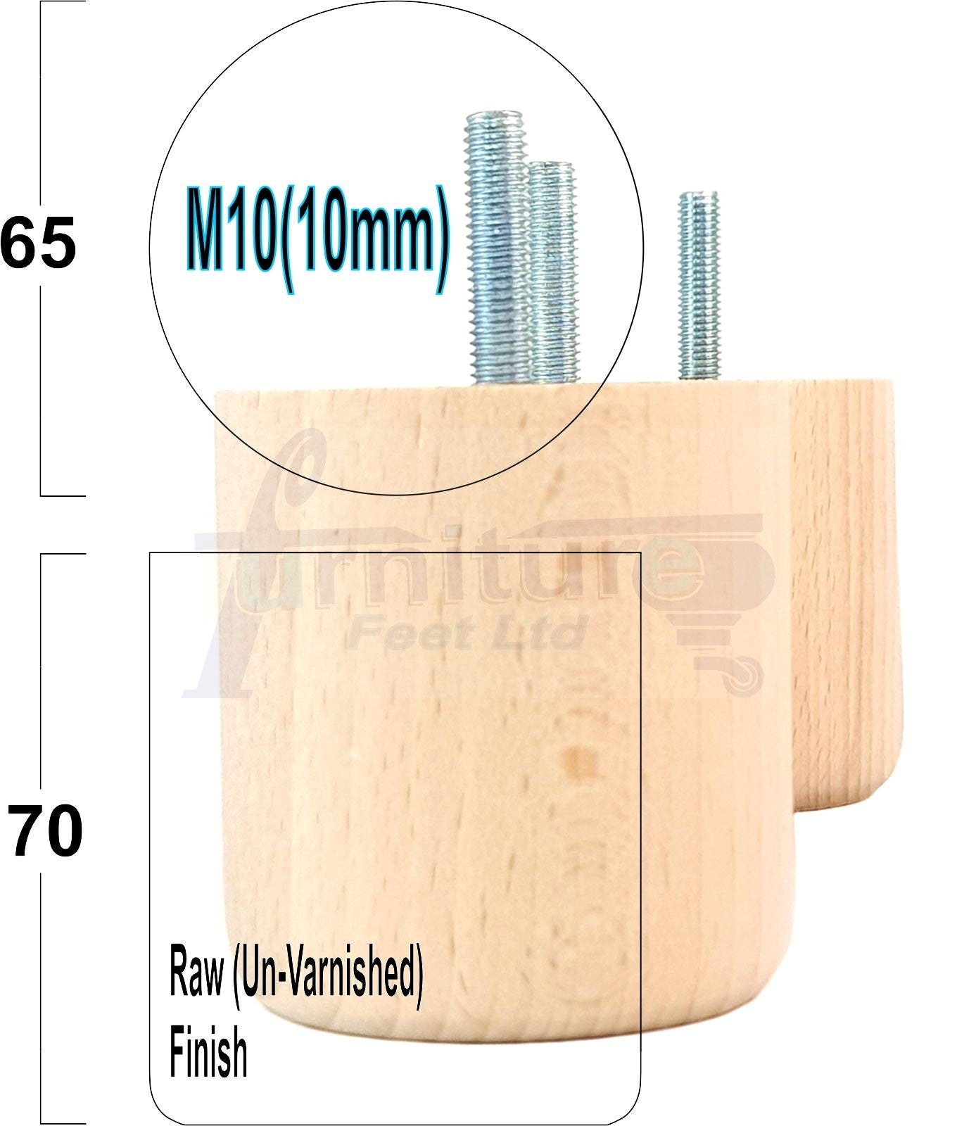 4x Solid Wood Turned Furniture Legs Replacement Bun Feet 70mm High 10mm Thread