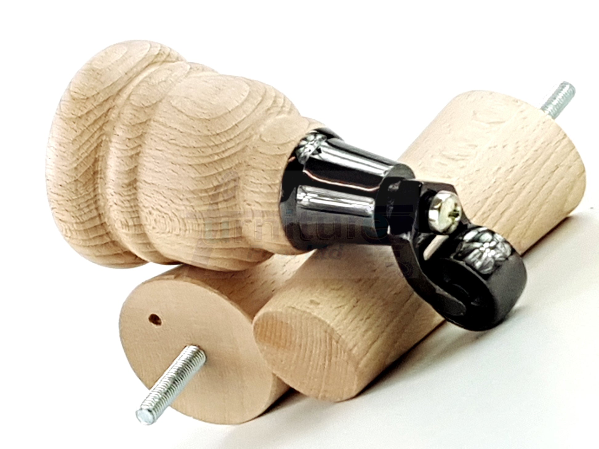 Raw Turned Wood Replacement Furniture Legs 2x with Black Castors and 2x Angled Back Legs M8 Dowl Fitting 155mm High 6 Inches