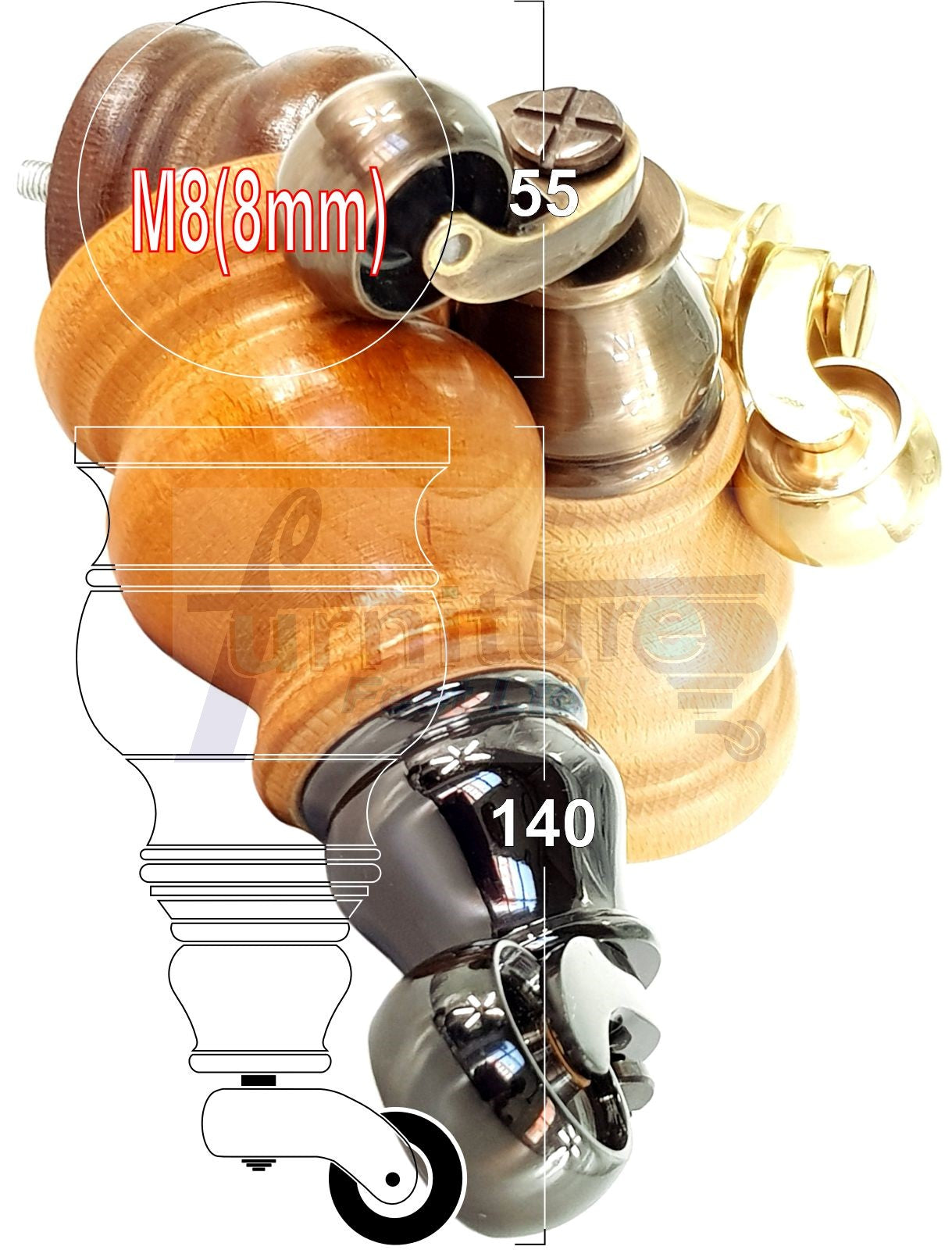 Set Of 4 Turned Wood Furniture Legs With Black Castor Wheels 140mm High M8(8mm) For Chairs Settees & Cabinets