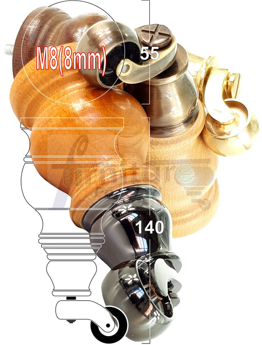 Set Of 4 Turned Wood Furniture Legs With Black Castor Wheels 140mm High M8(8mm) For Chairs Settees & Cabinets