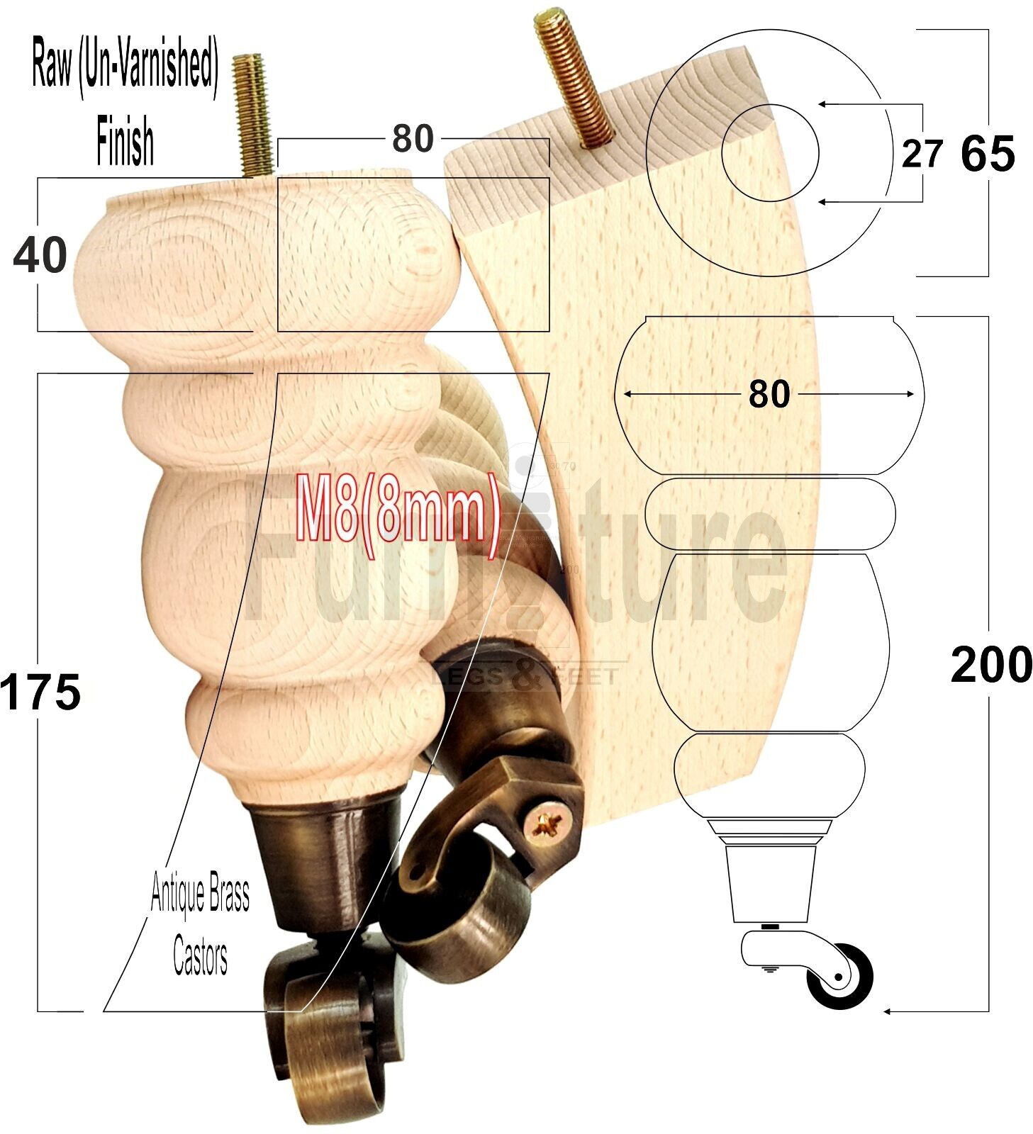 2x Furniture Antique Castor Legs & 2x Curved Solid Wooden Feet M8 Chairs Sofa 200mm High